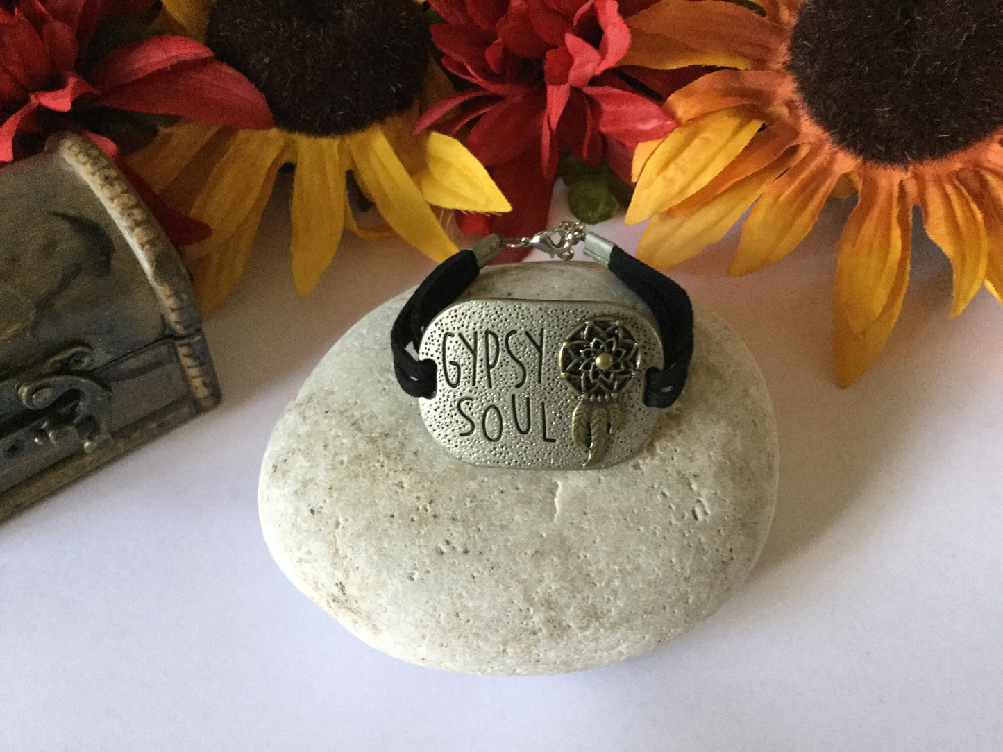 Gypsy Soul, Black Suede Metal Inspirational Quoted Bracelet.