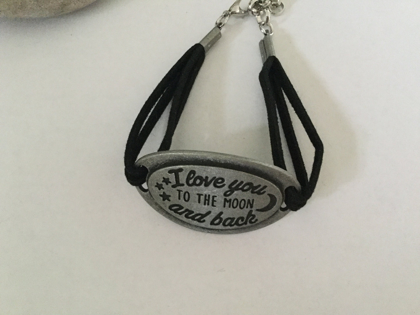 I Love You To The Moon And Back, Black Suede Corded Metal Inspirational Quote Bracelet.