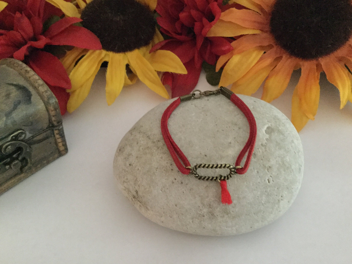 Rectangle Roped, Red Suede Corded Metal Inspirational Quote Bracelet.