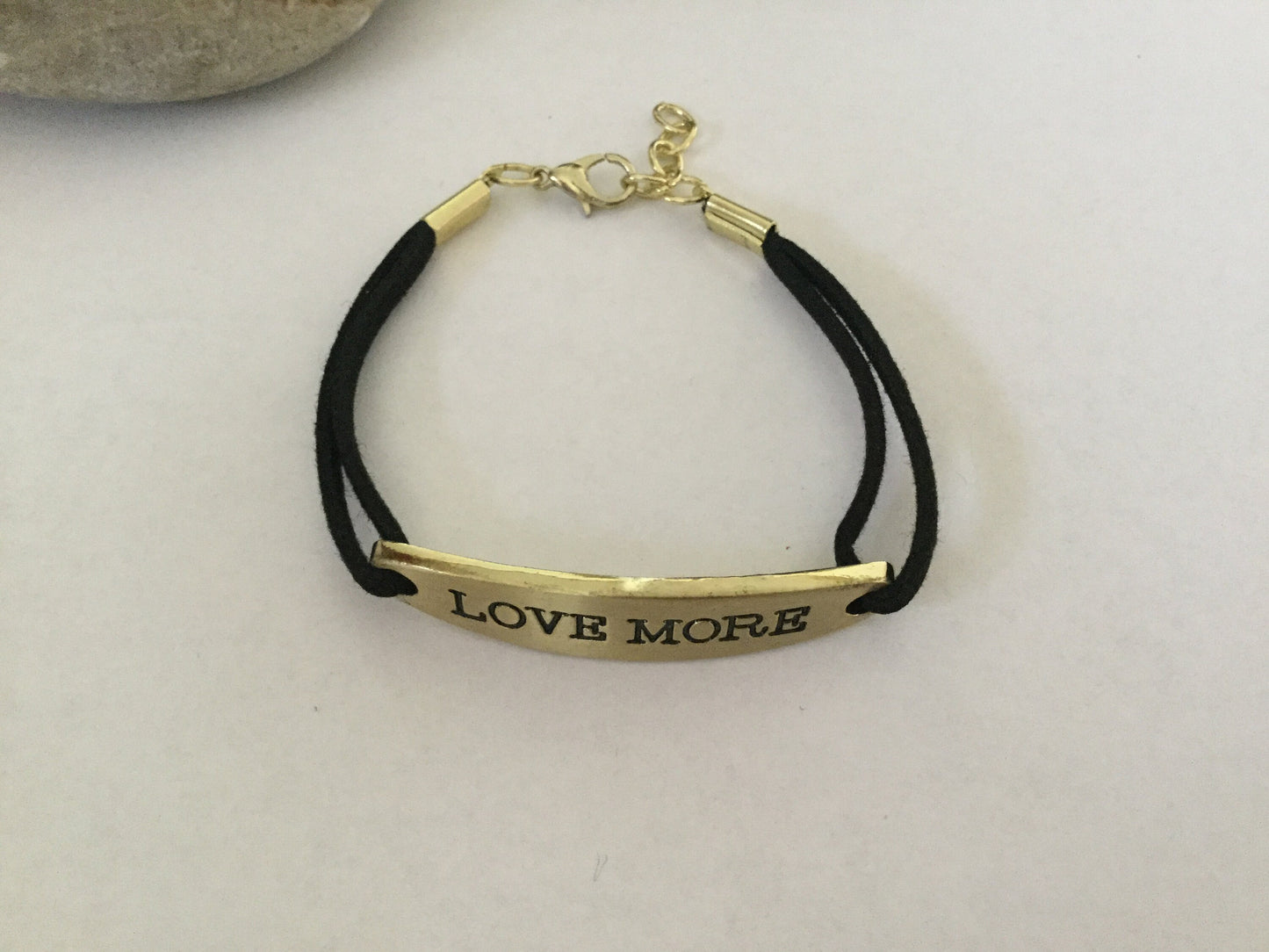 Love More, Black Suede Corded Metal Inspirational Quote Bracelet.