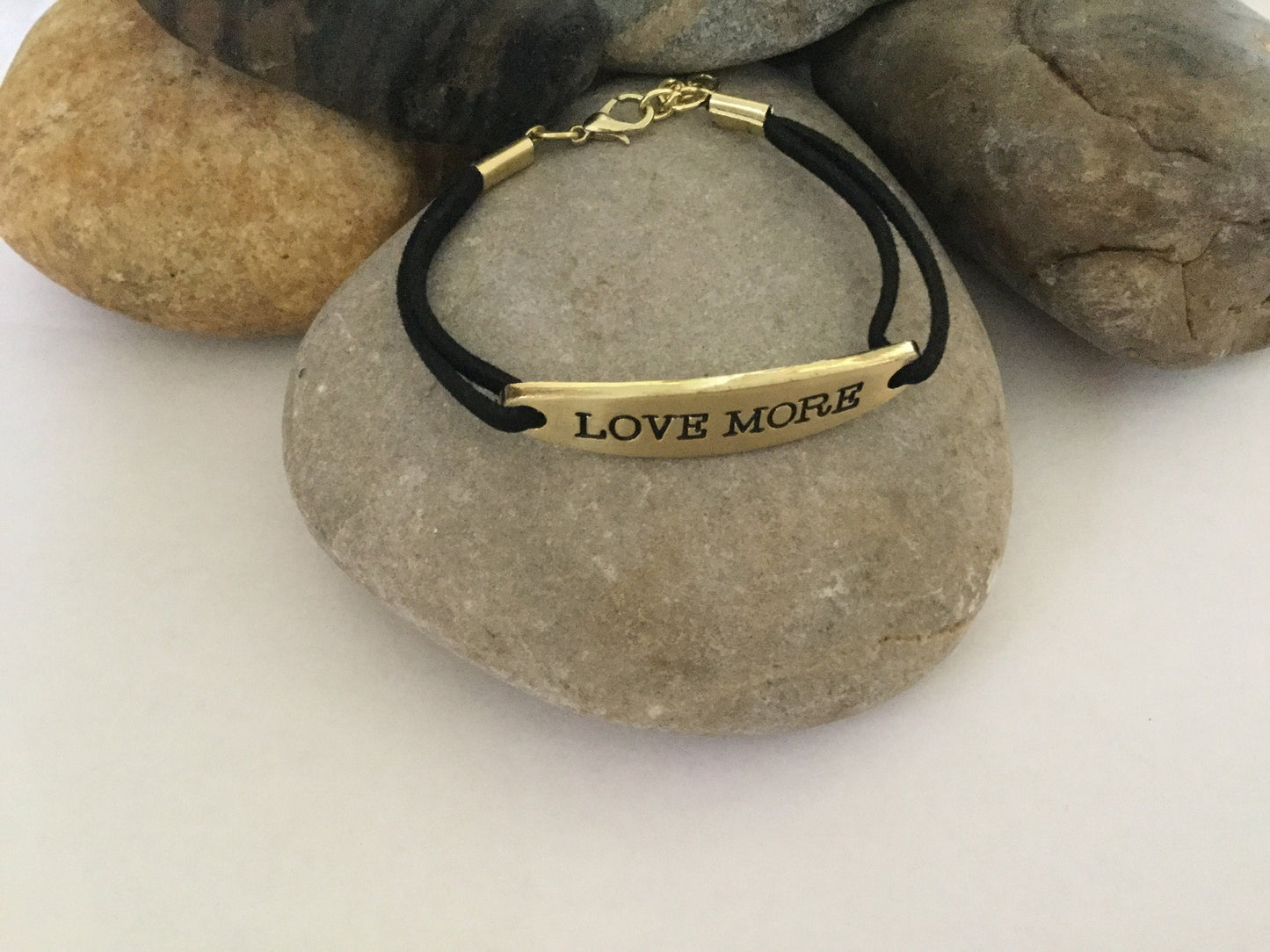 Love More, Black Suede Corded Metal Inspirational Quote Bracelet.