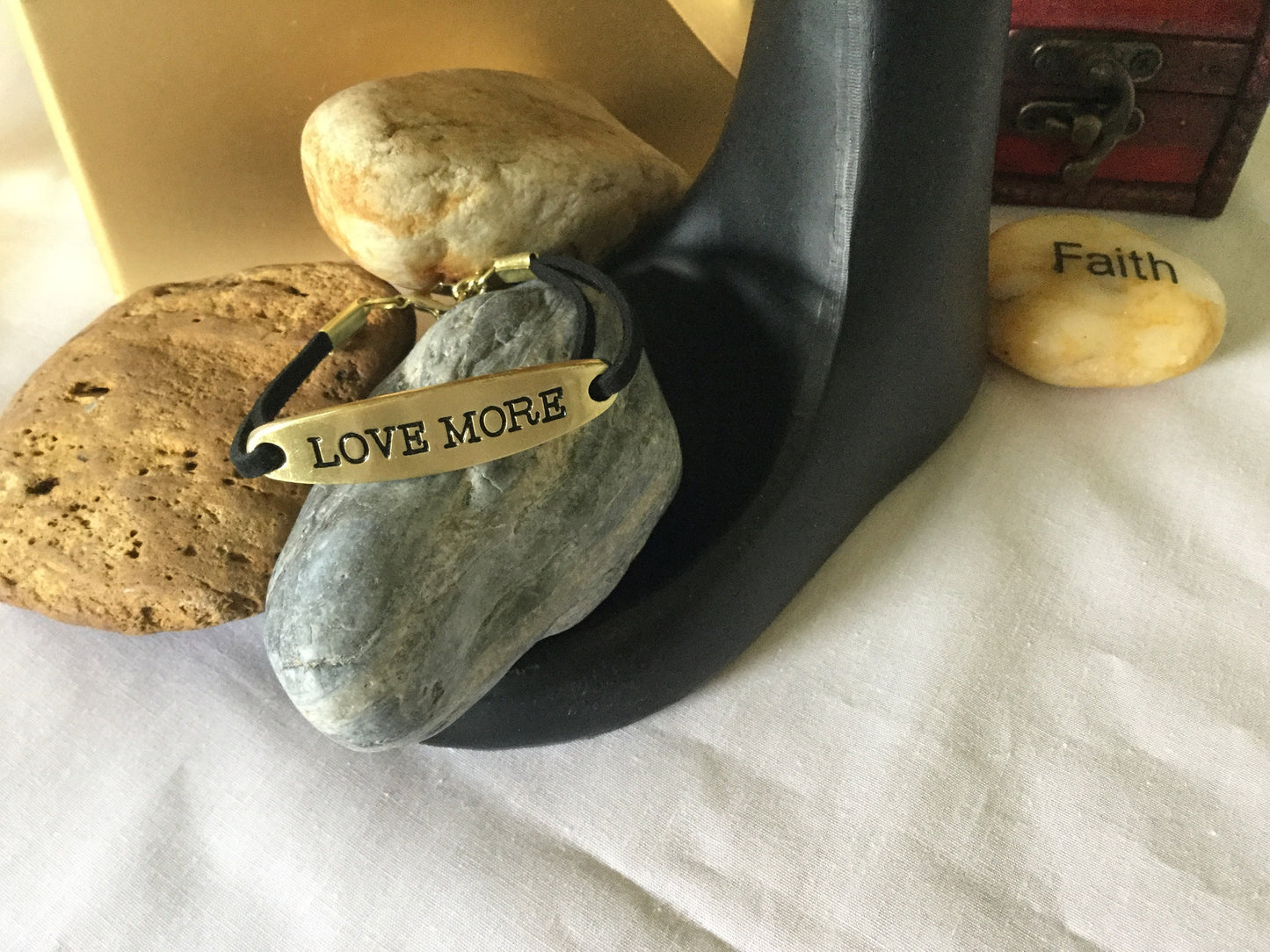 Love More, Black Suede Corded Metal Inspirational Quote Bracelet.