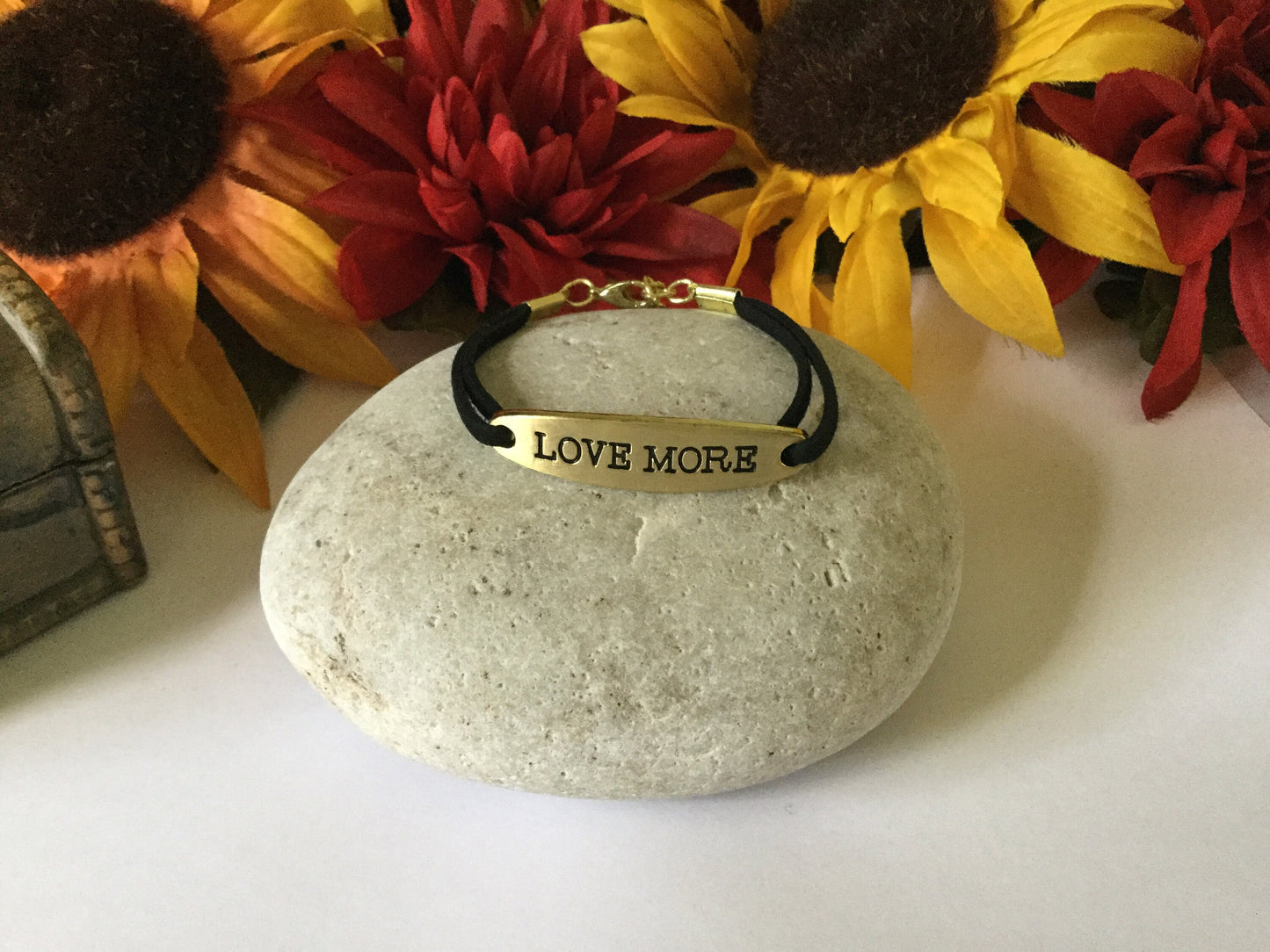 Love More, Black Suede Corded Metal Inspirational Quote Bracelet.