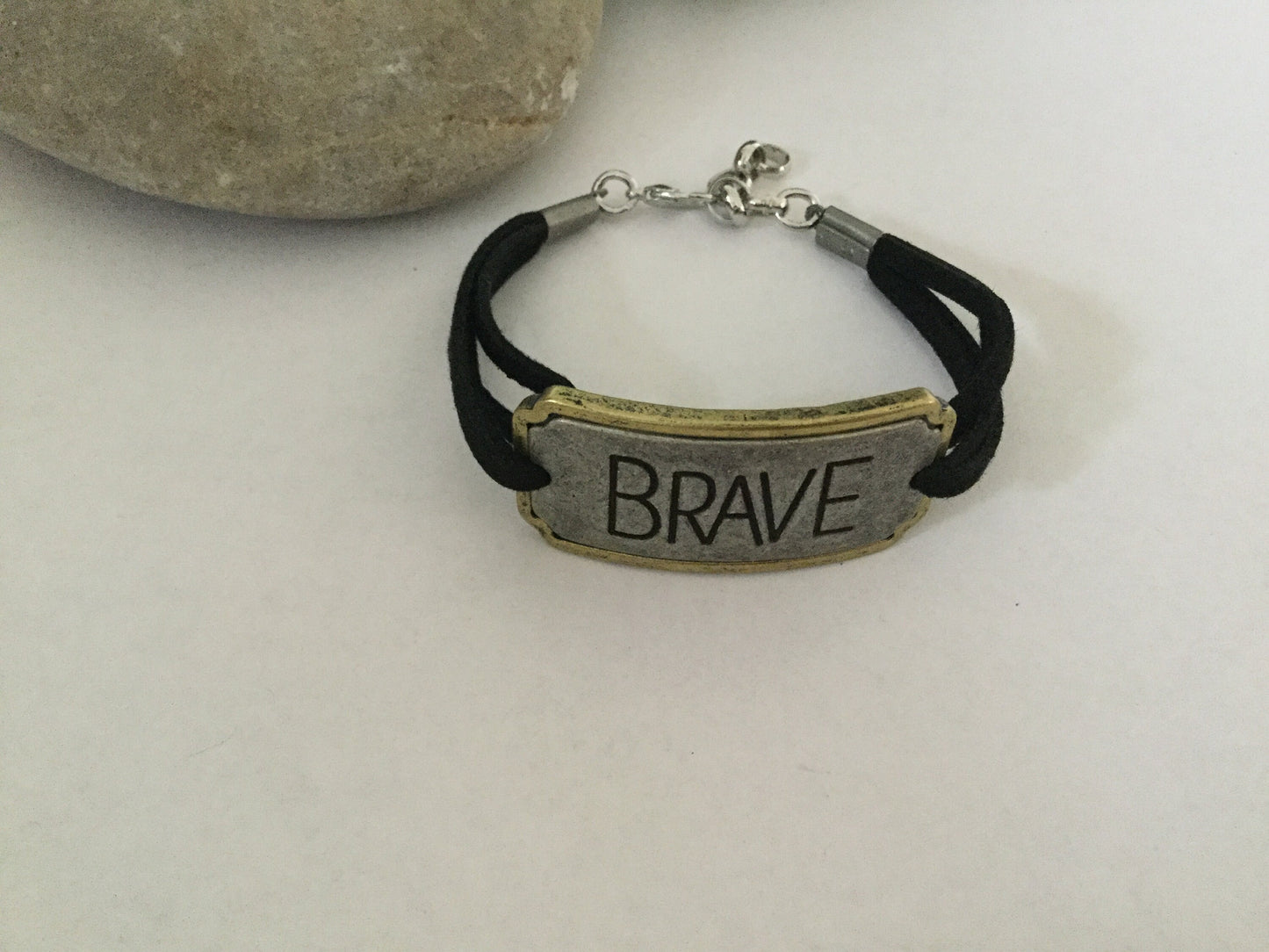 Brave, Black Suede Corded Metal Inspirational Quote Bracelet.