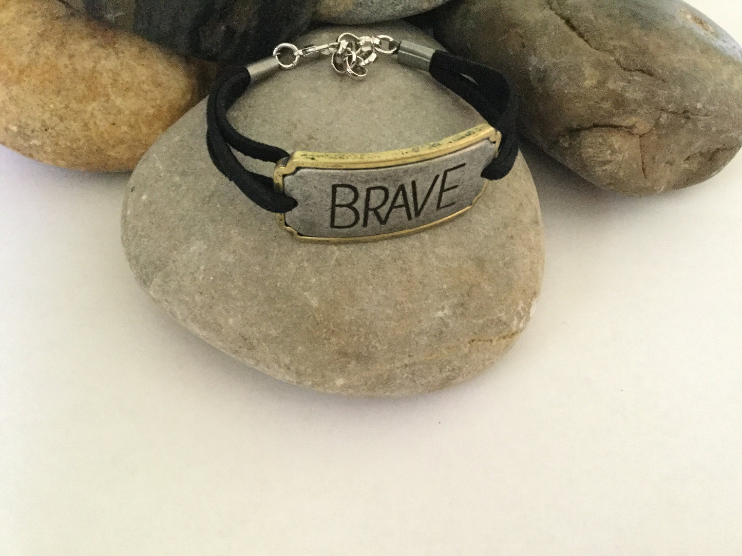 Brave, Black Suede Corded Metal Inspirational Quote Bracelet.