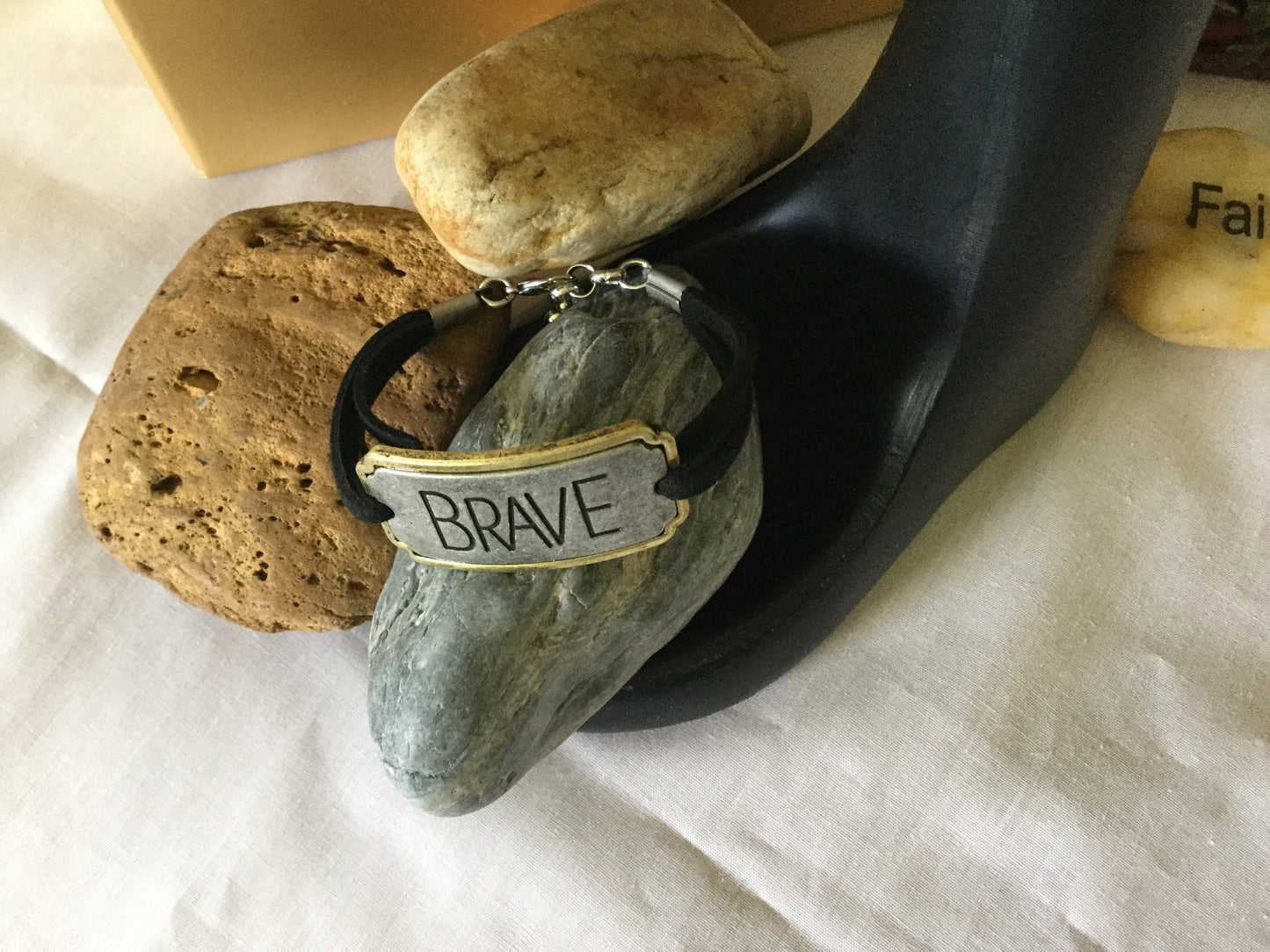 Brave, Black Suede Corded Metal Inspirational Quote Bracelet.