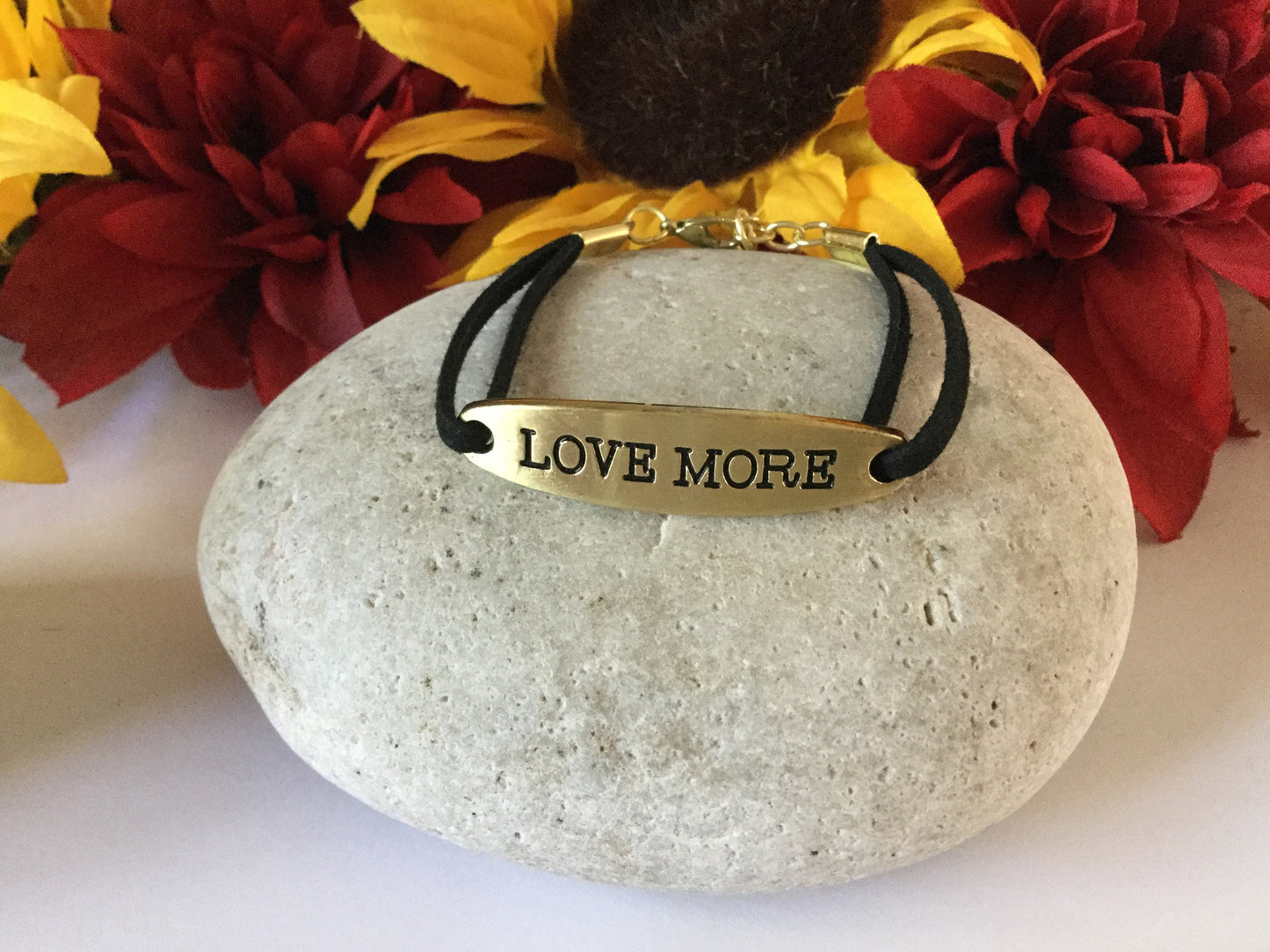 Love More, Black Suede Corded Metal Inspirational Quote Bracelet.