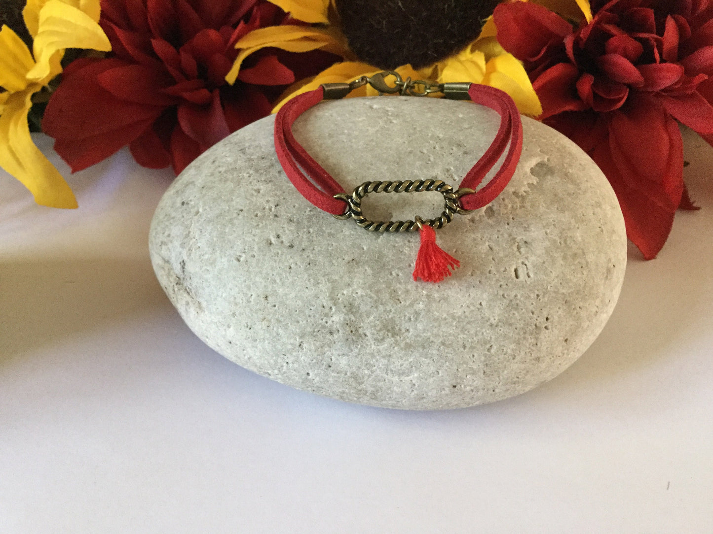 Rectangle Roped, Red Suede Corded Metal Inspirational Quote Bracelet.