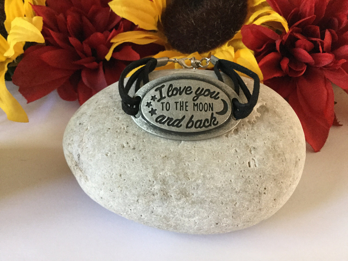 I Love You To The Moon And Back, Black Suede Corded Metal Inspirational Quote Bracelet.