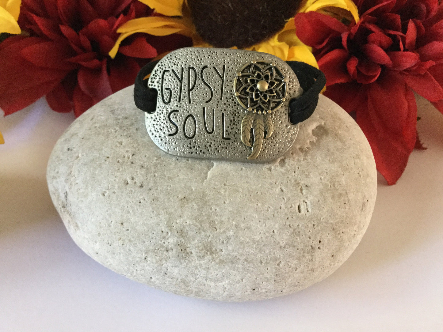 Gypsy Soul, Black Suede Metal Inspirational Quoted Bracelet.