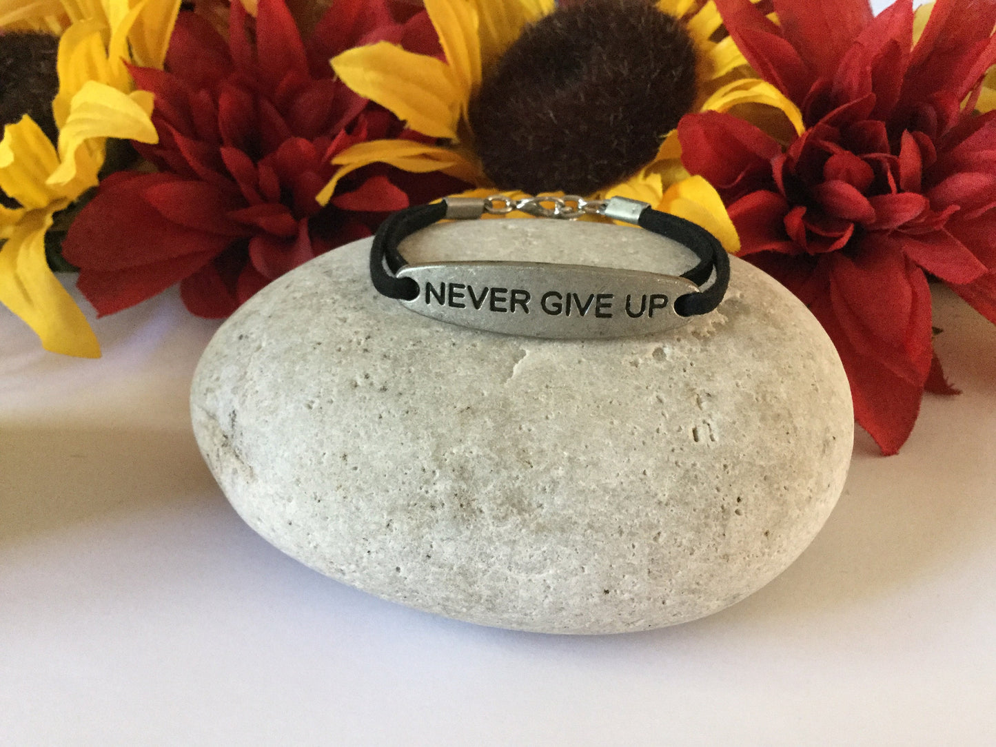 Never Give Up, Black Suede Metal Inspirational Quoted Bracelet.