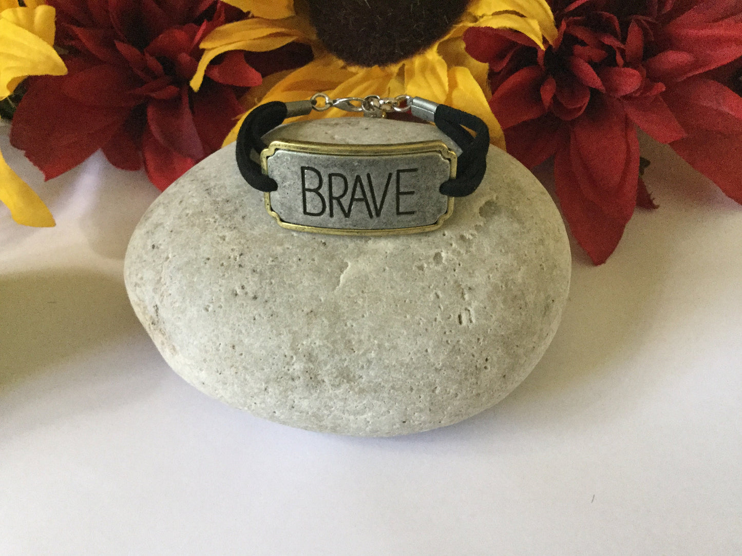 Brave, Black Suede Corded Metal Inspirational Quote Bracelet.