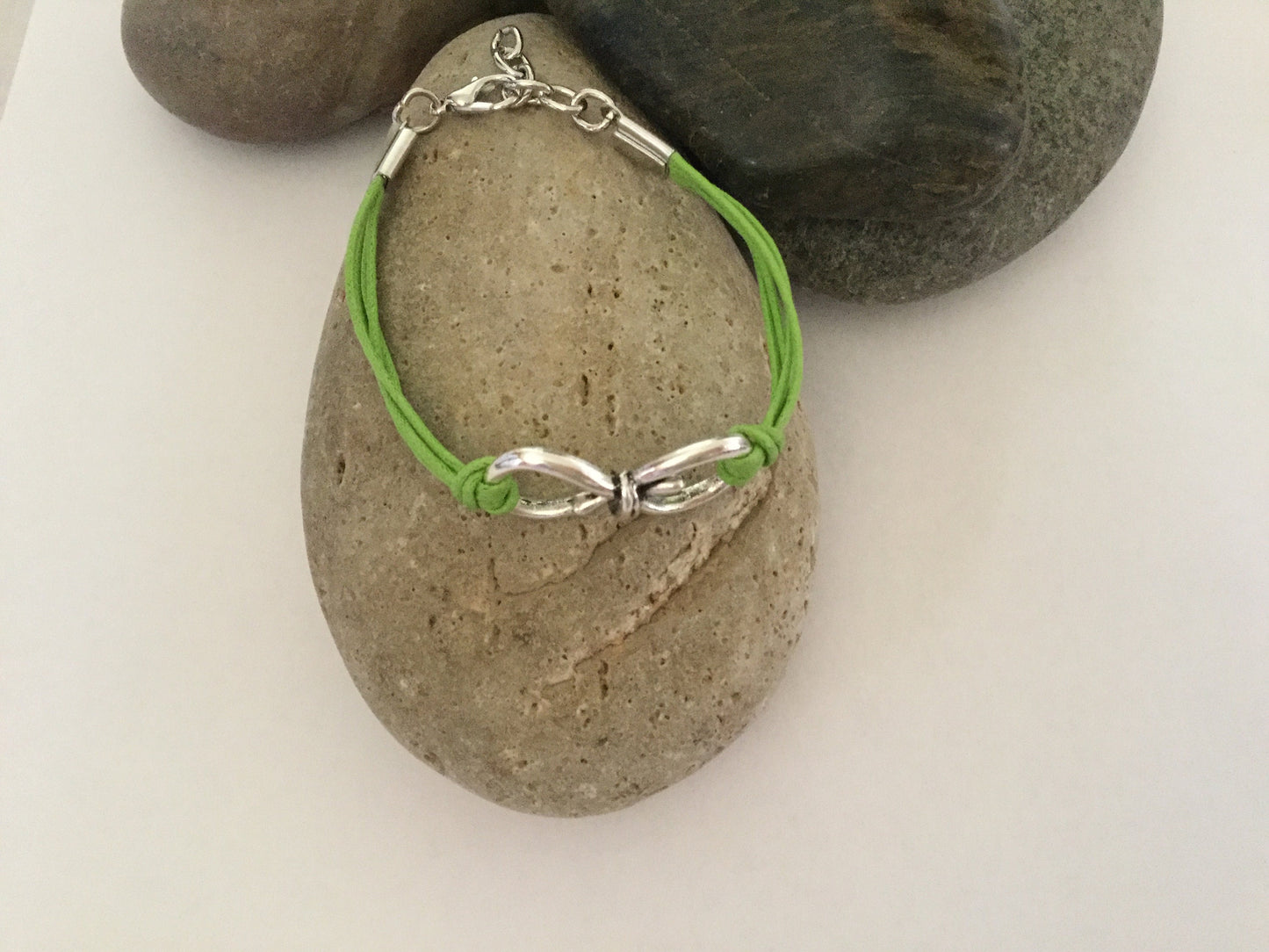 Knotted, Silver Metal Lime Green Hemp Inspirational Quoted Bracelet.