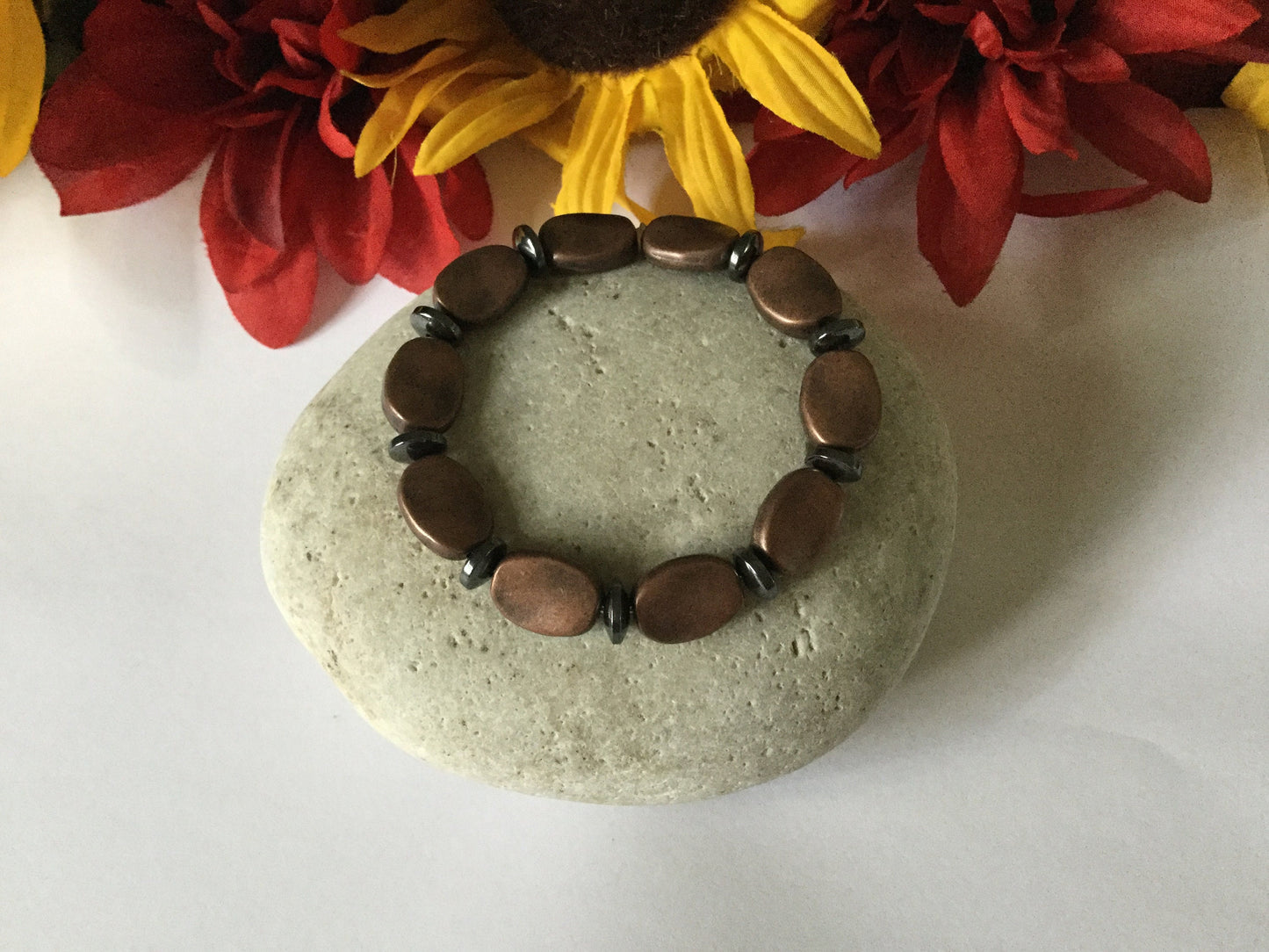 Copper Plated Oval Stones w/ Hematite, Healing Bracelet.