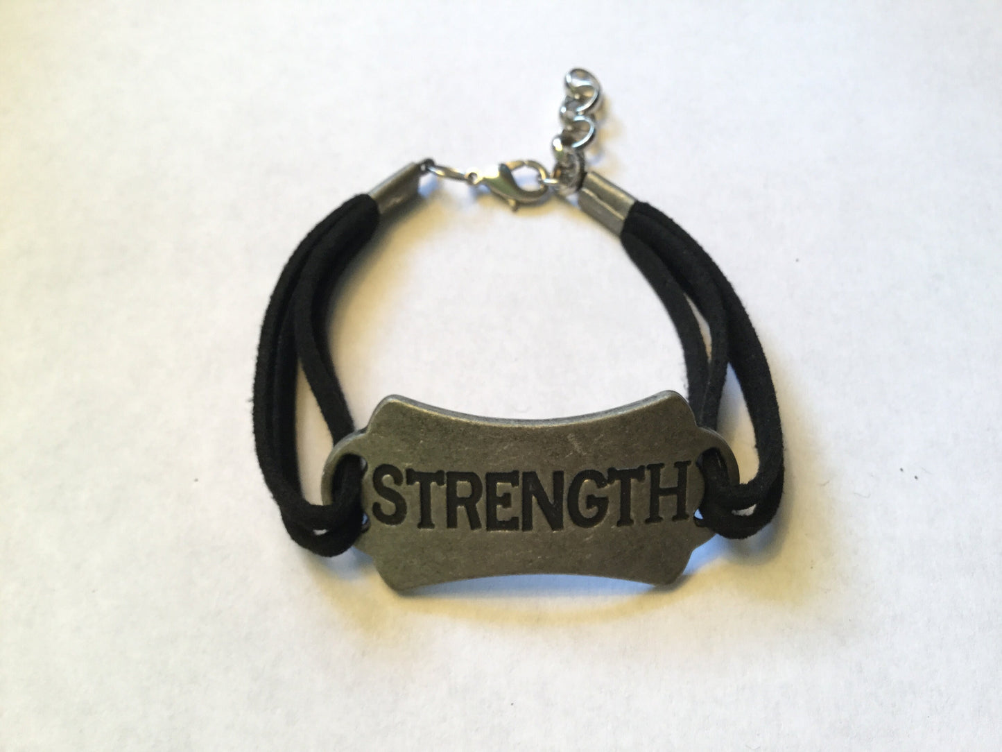 Strength, Black Suede Corded Metal Inspirational Quote Bracelet.