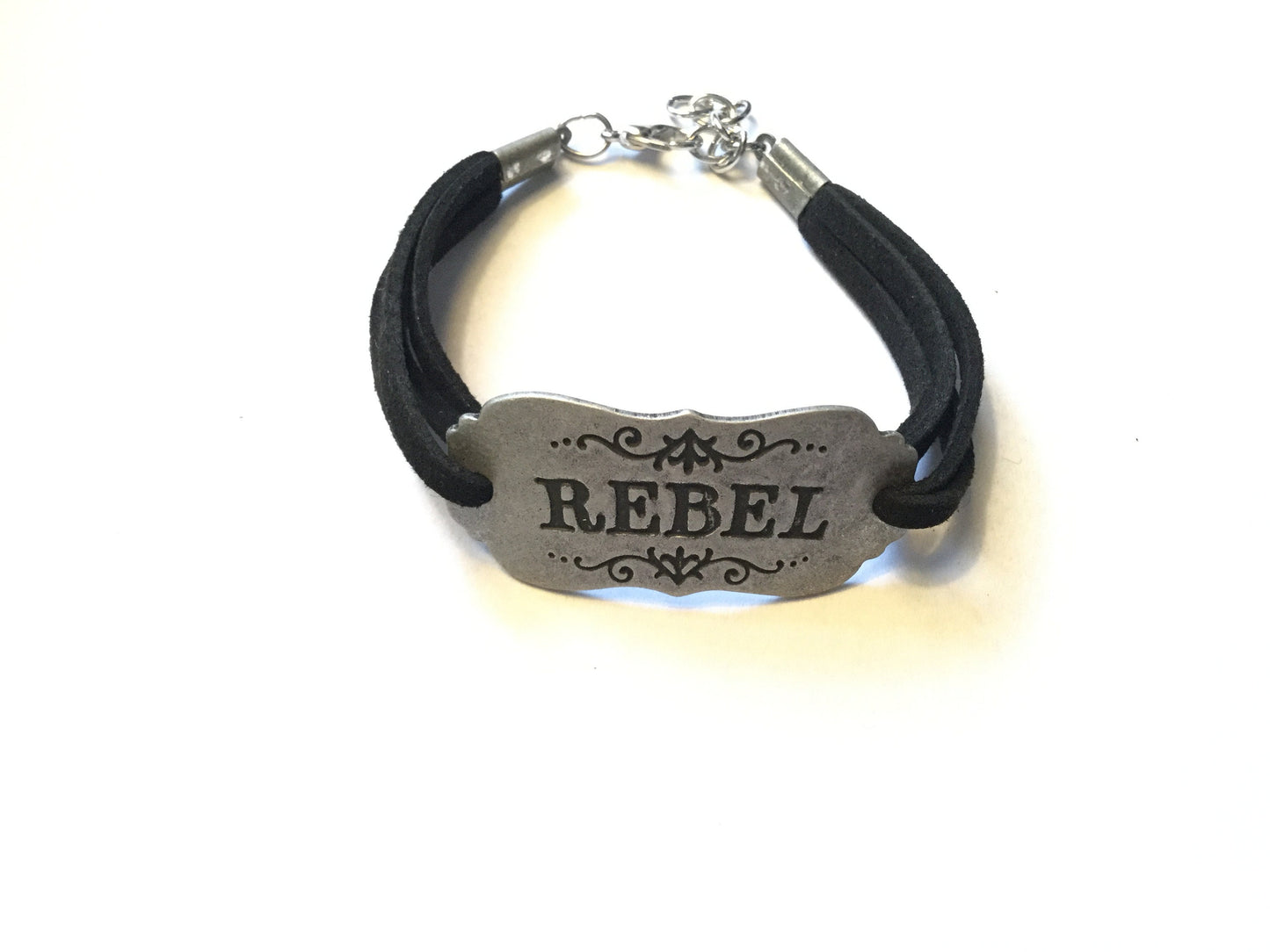 Rebel, Black Suede Metal Inspirational Quoted Bracelet.