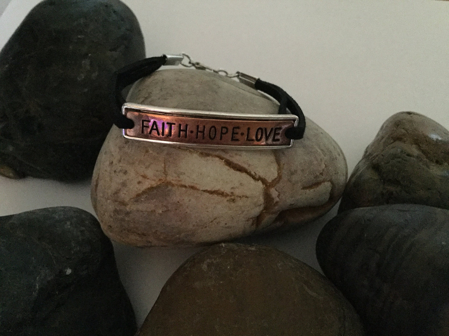 Faith, Hope, Love,  Black Suede Inspirational Quoted Bracelet.