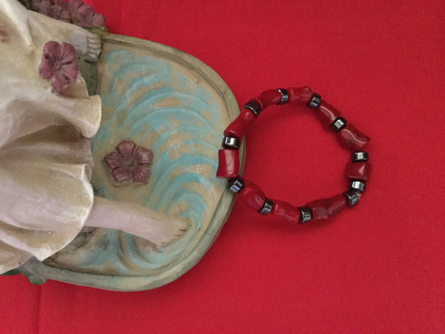 Red Bamboo Coral w/Hematite, Healing Bracelet.