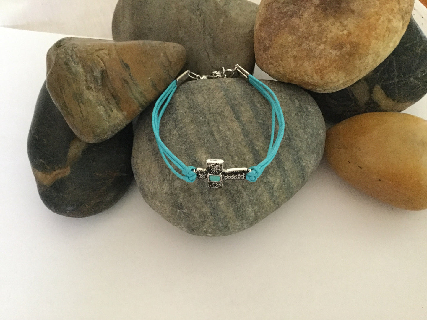 Cross, Turquoise Hemp w/Turq Stone, Silver Metal Inspirational Bracelet.