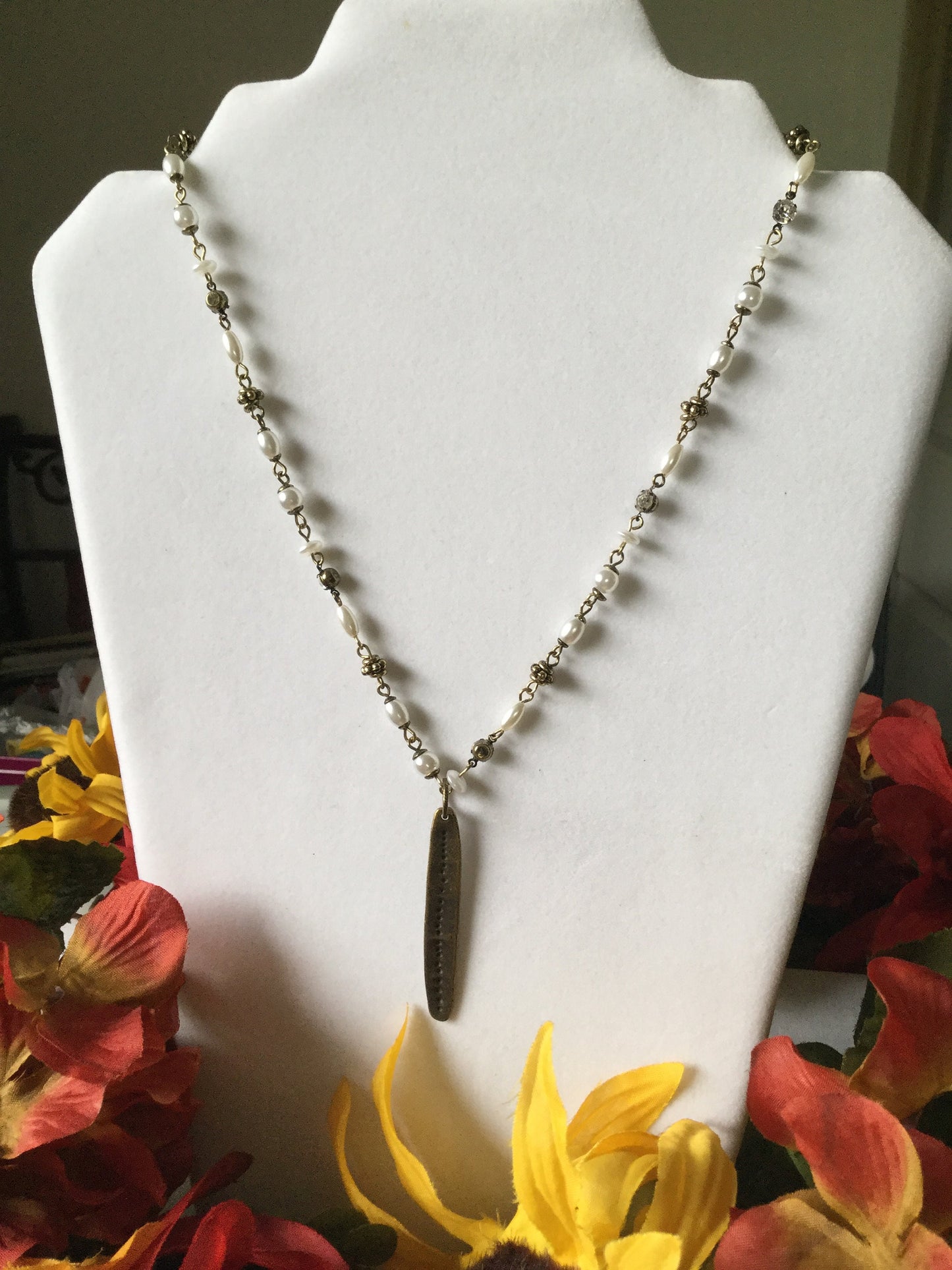 Leaf w/Clear Stones & White Beads, Antique Metal Necklace.