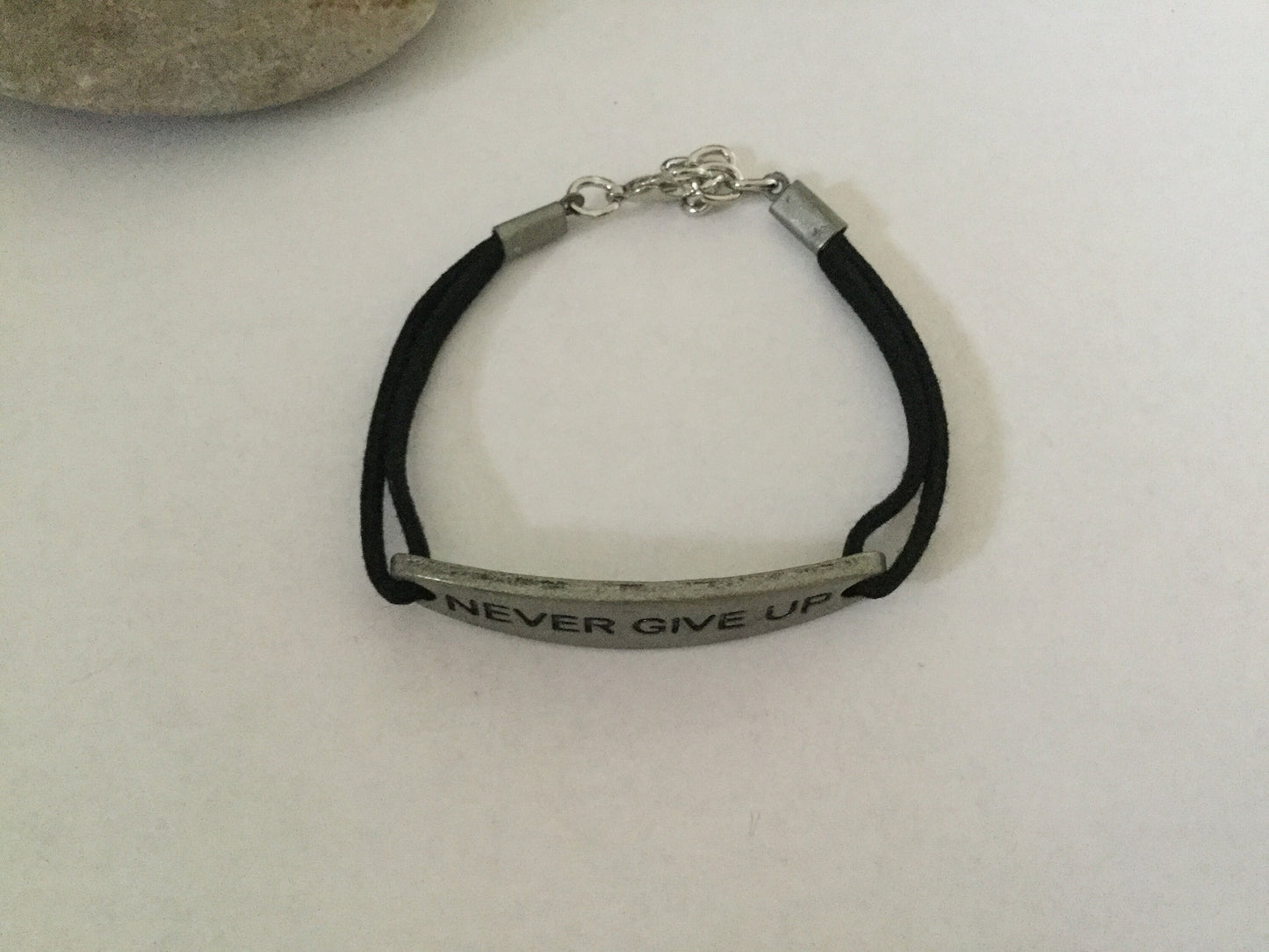 Never Give Up, Black Suede Metal Inspirational Quoted Bracelet.