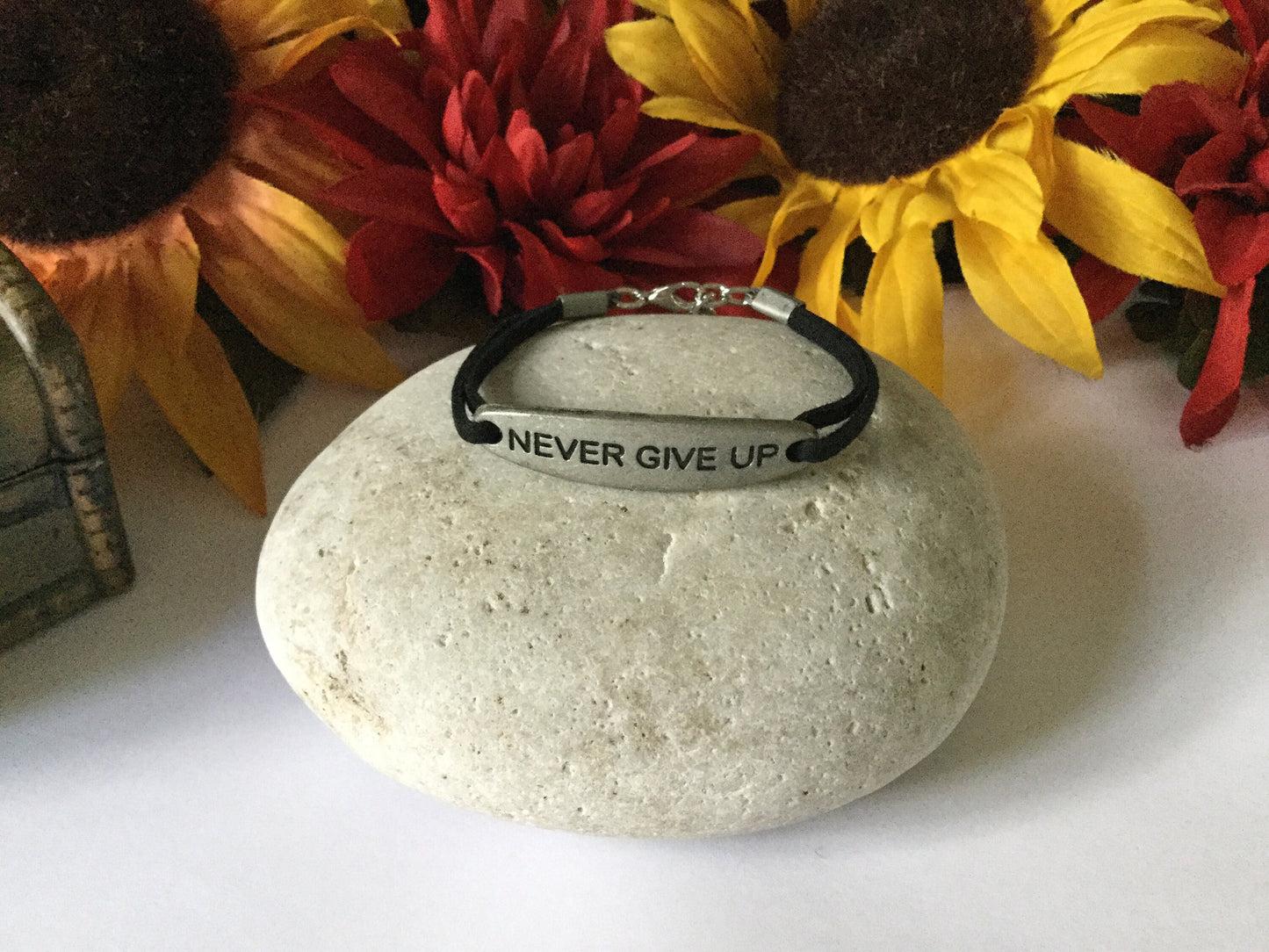 Never Give Up, Black Suede Metal Inspirational Quoted Bracelet.