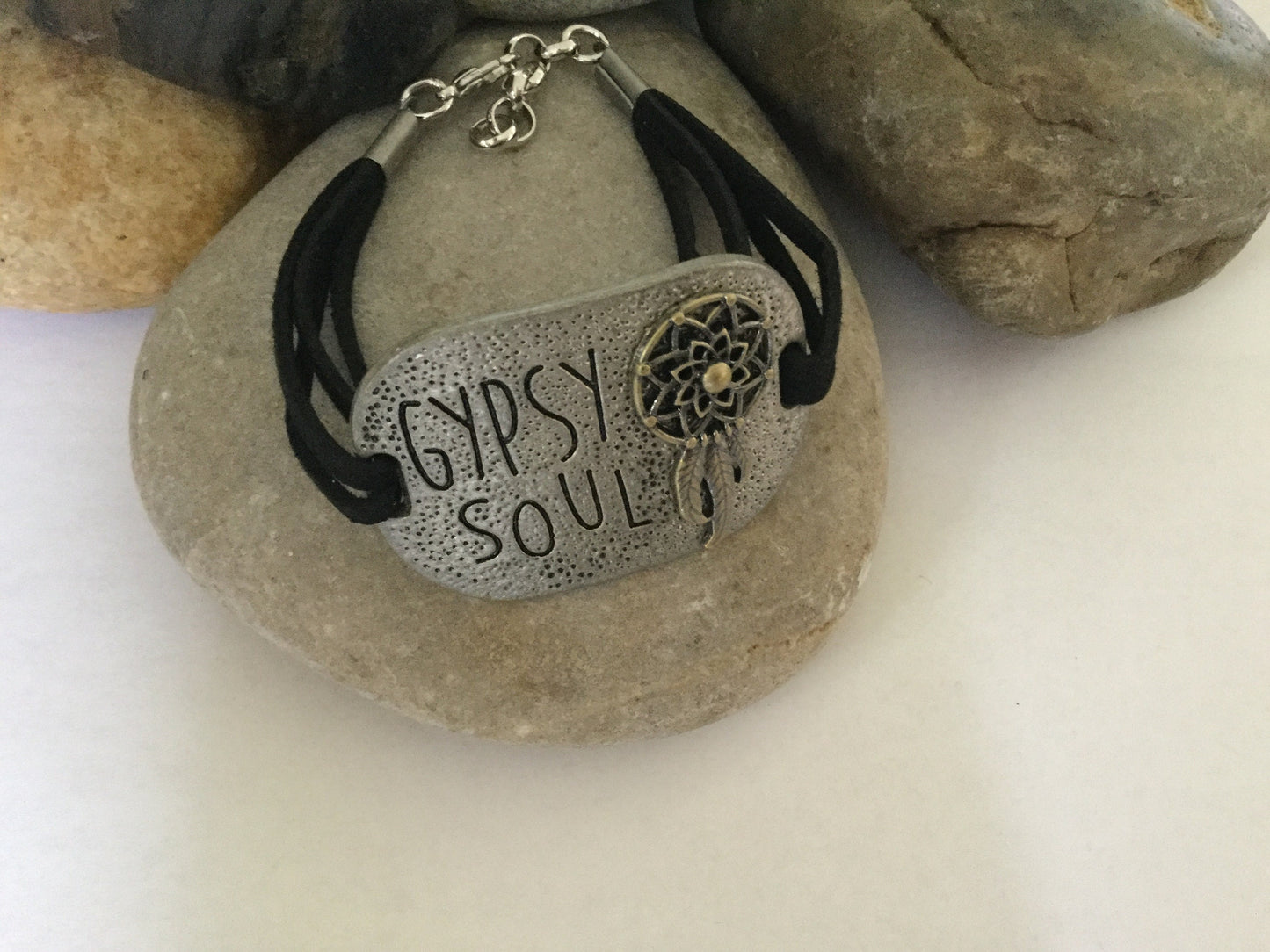 Gypsy Soul, Black Suede Metal Inspirational Quoted Bracelet.