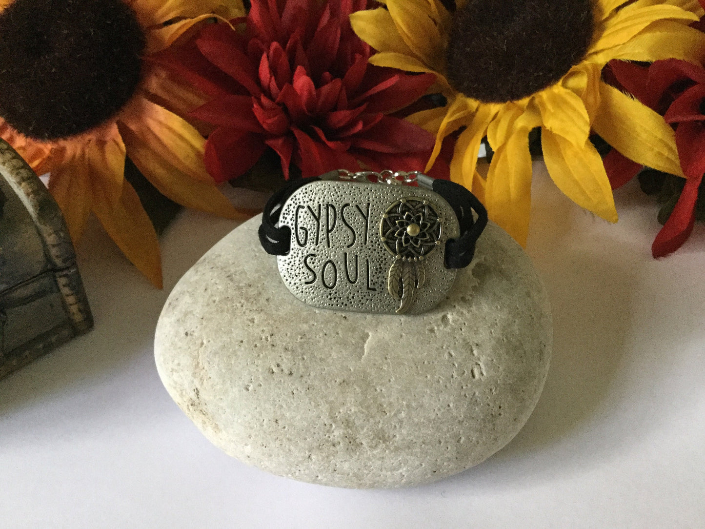 Gypsy Soul, Black Suede Metal Inspirational Quoted Bracelet.