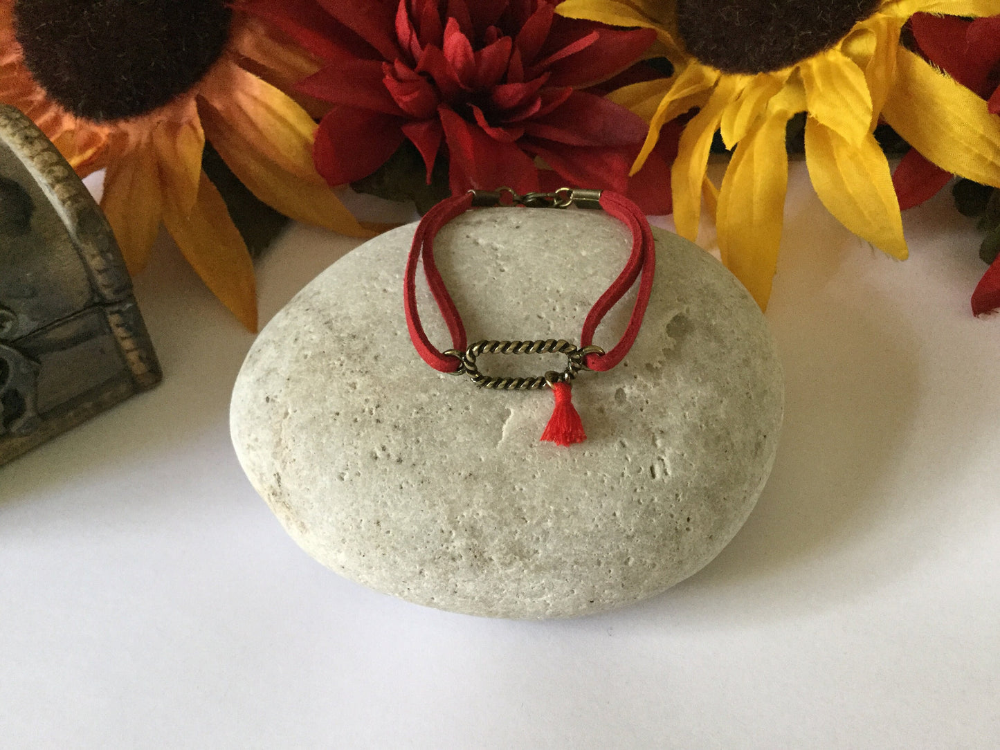 Rectangle Roped, Red Suede Corded Metal Inspirational Quote Bracelet.