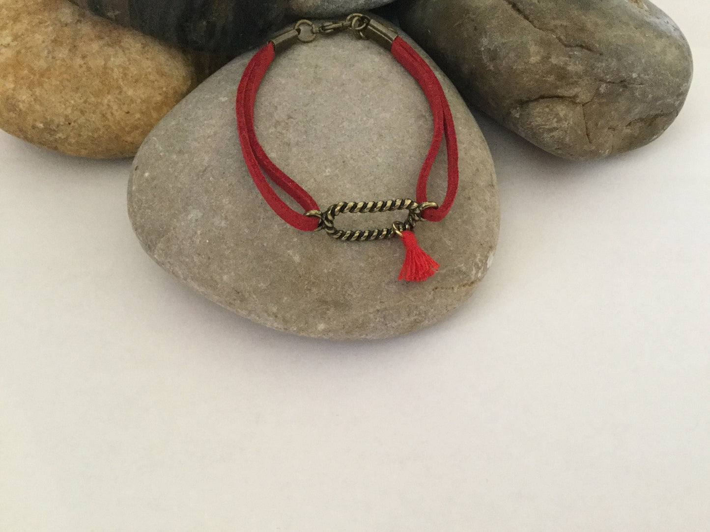 Rectangle Roped, Red Suede Corded Metal Inspirational Quote Bracelet.