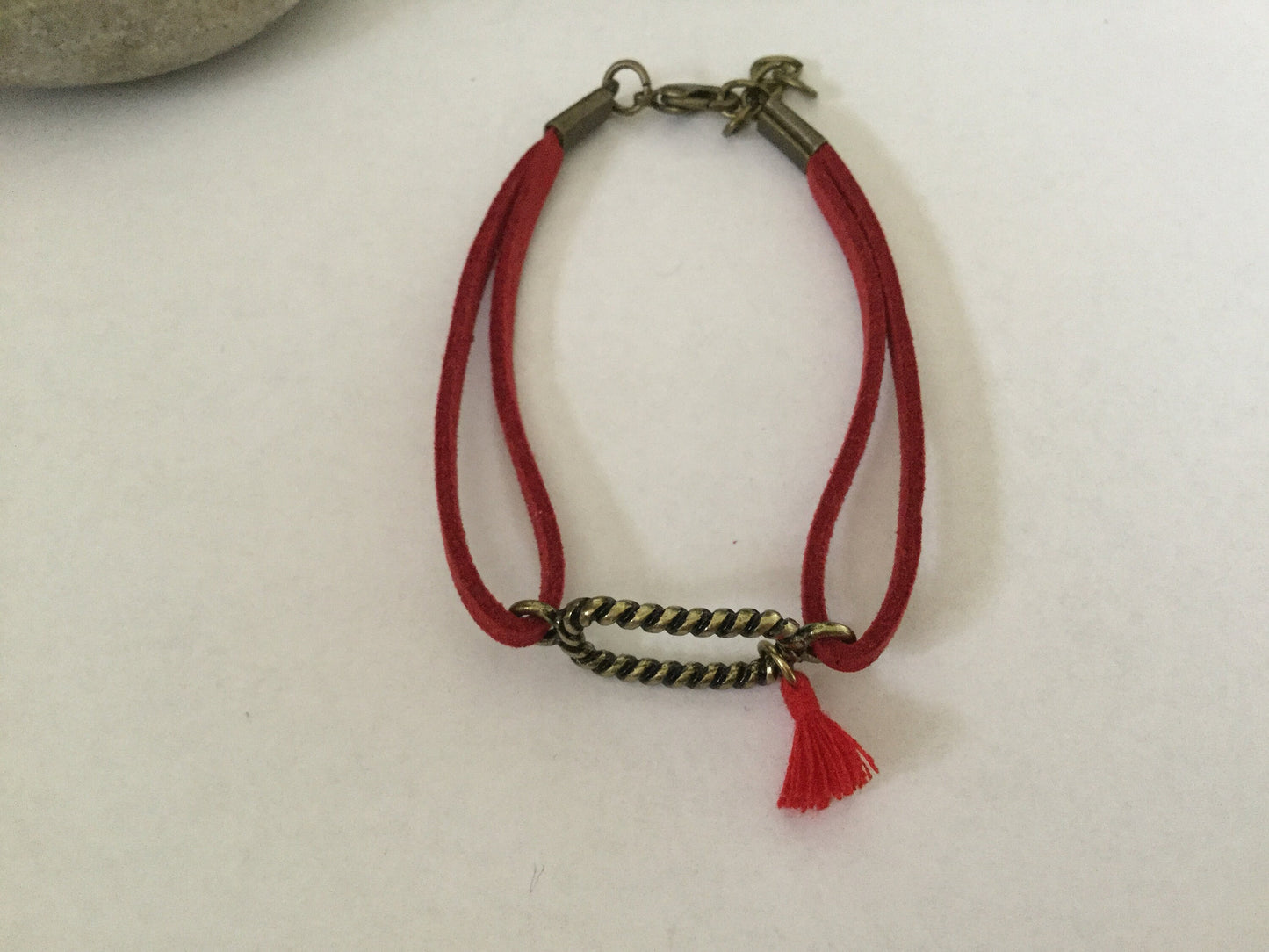 Rectangle Roped, Red Suede Corded Metal Inspirational Quote Bracelet.