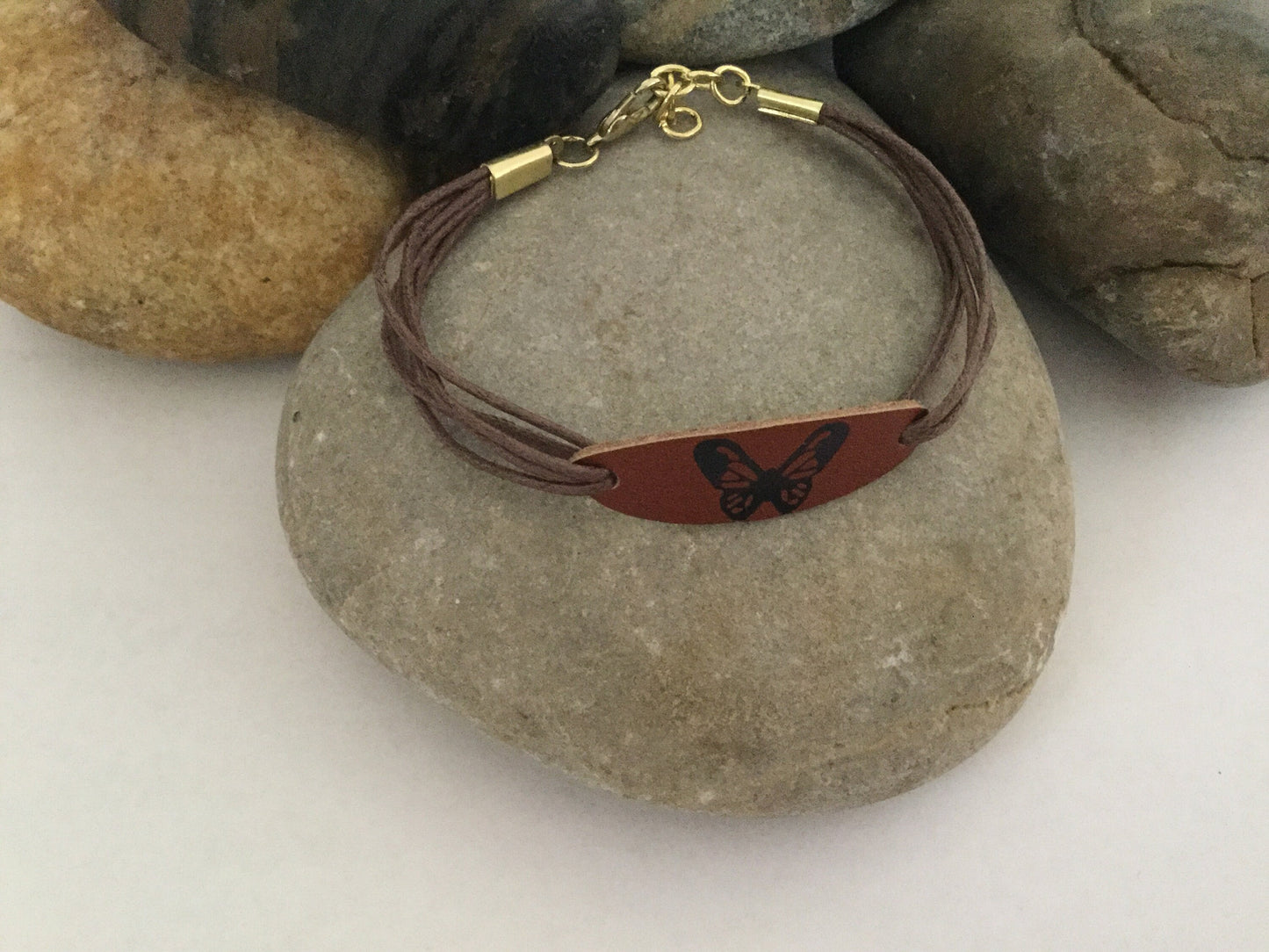 Butterfly, Leather, Brown Hemp Corded Inspirational Bracele