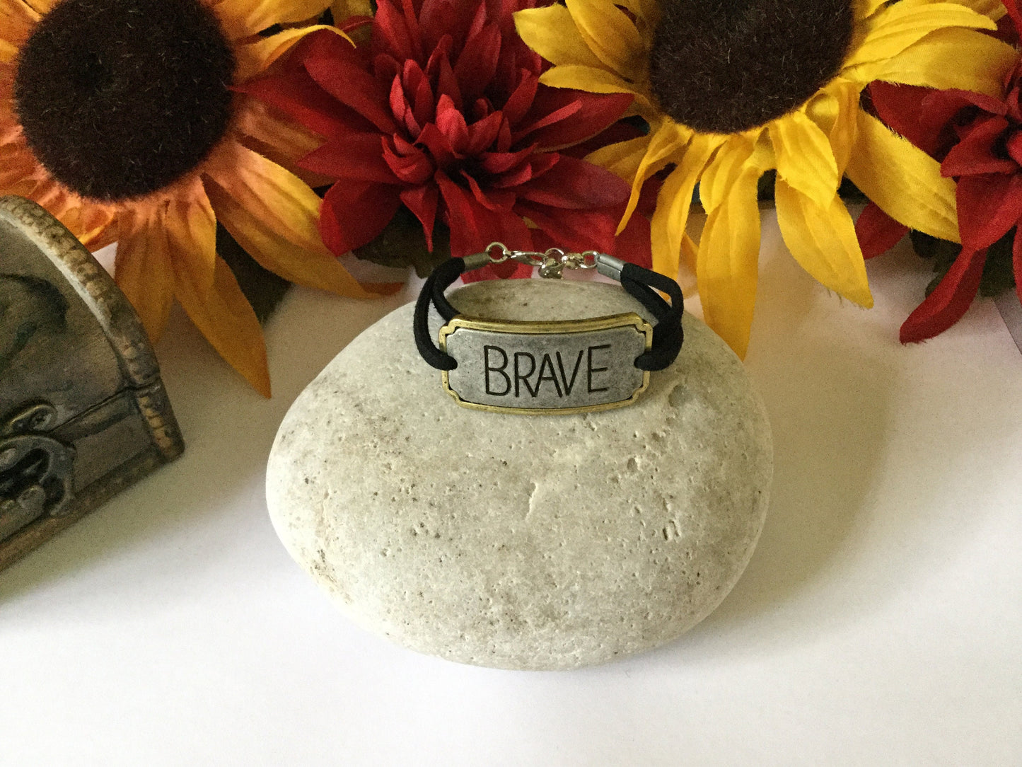 Brave, Black Suede Corded Metal Inspirational Quote Bracelet.