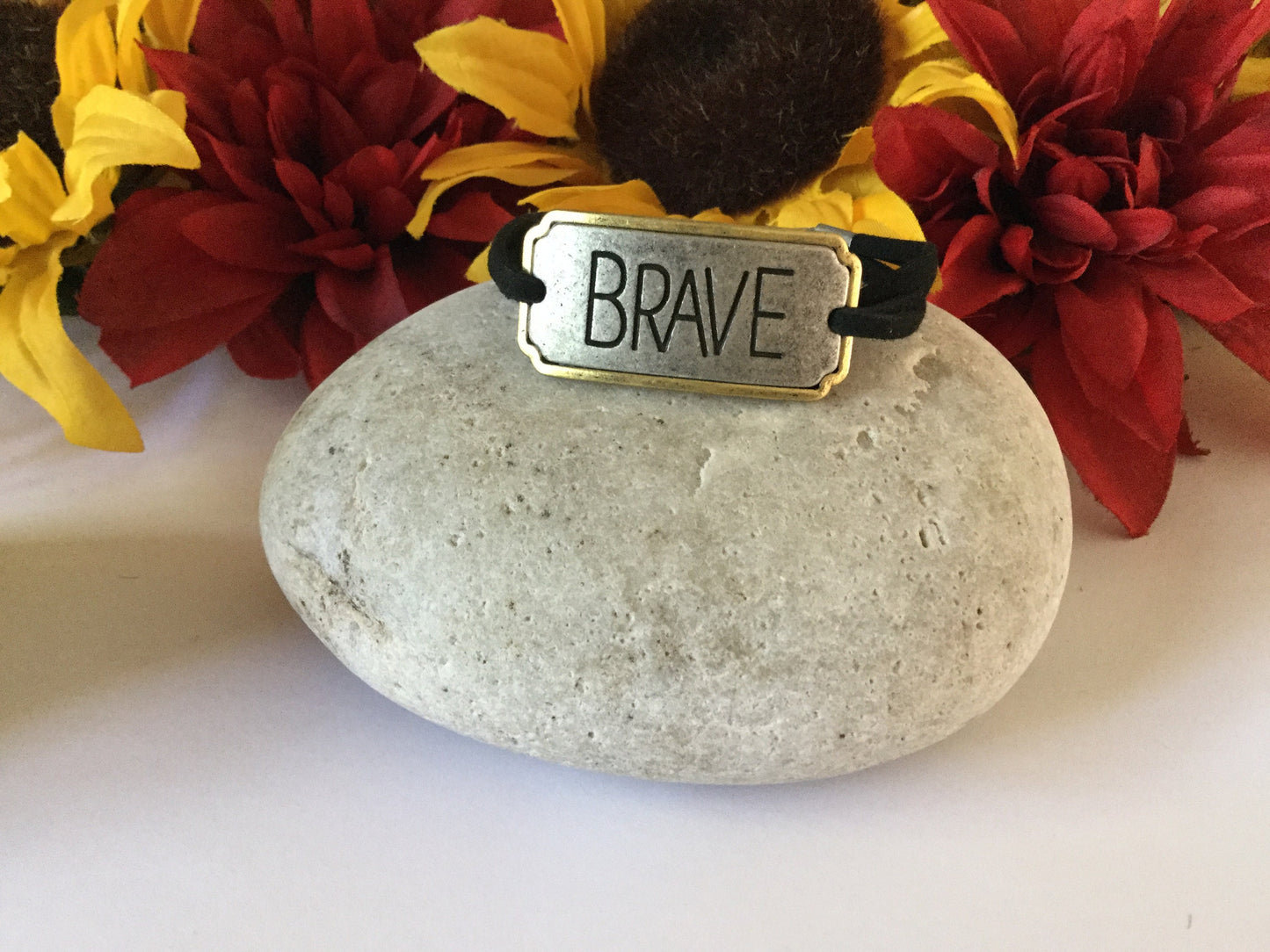 Brave, Black Suede Corded Metal Inspirational Quote Bracelet.