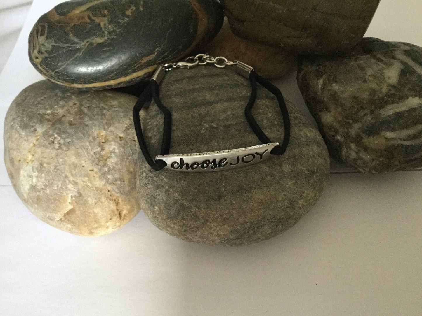 Choose Joy, Black Suede Metal Inspirational Quoted Bracelet.