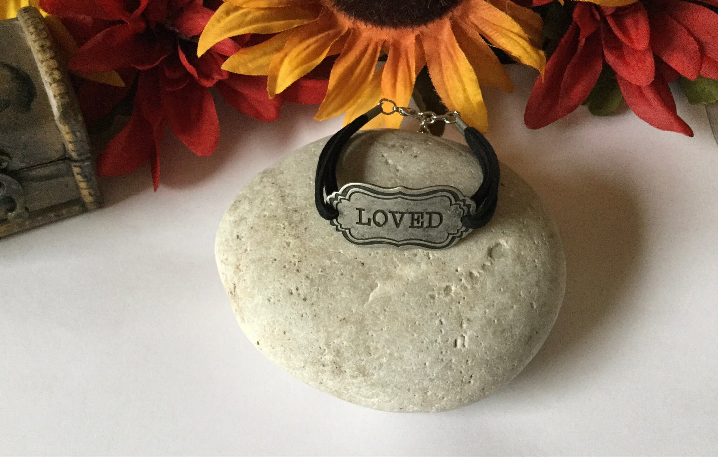 Loved, Black Suede Inspirational Quoted Bracelet.