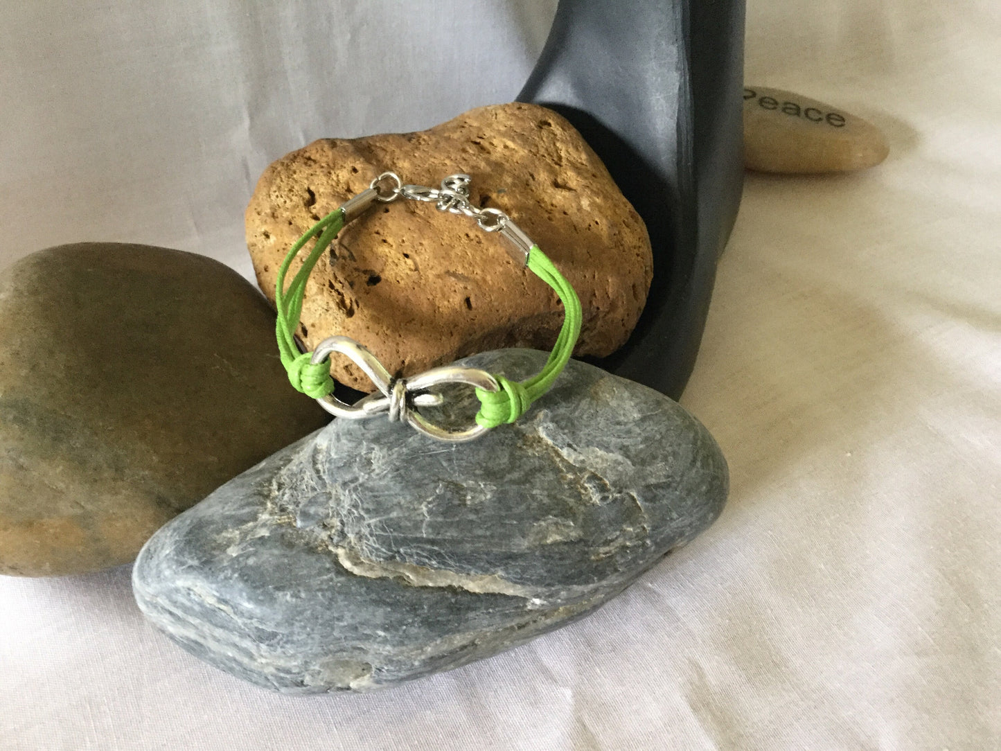 Knotted, Silver Metal Lime Green Hemp Inspirational Quoted Bracelet.