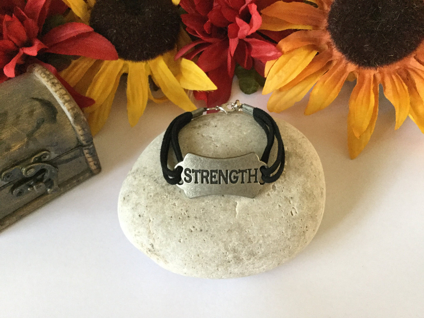 Strength, Black Suede Corded Metal Inspirational Quote Bracelet.