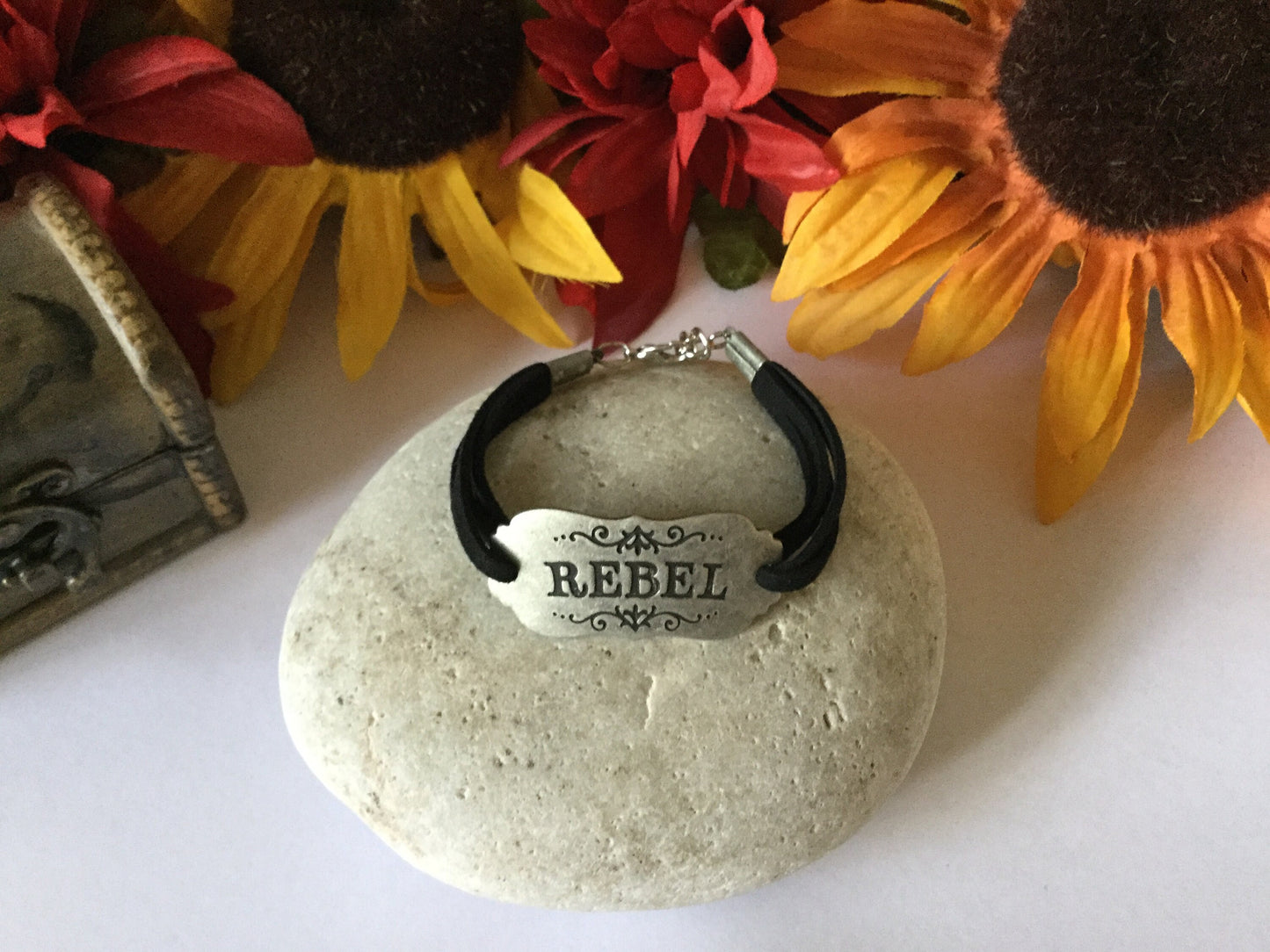 Rebel, Black Suede Metal Inspirational Quoted Bracelet.