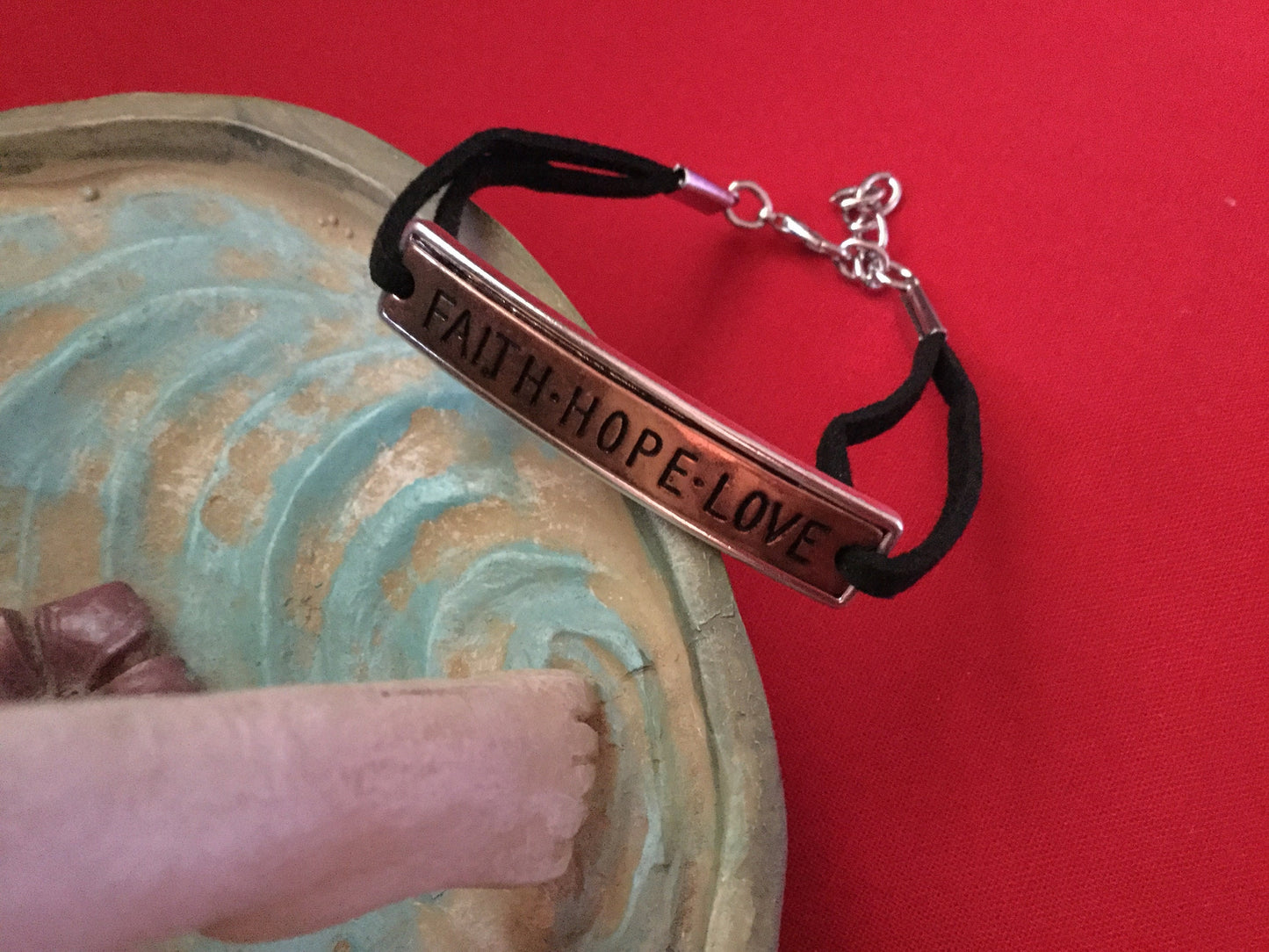 Faith, Hope, Love,  Black Suede Inspirational Quoted Bracelet.