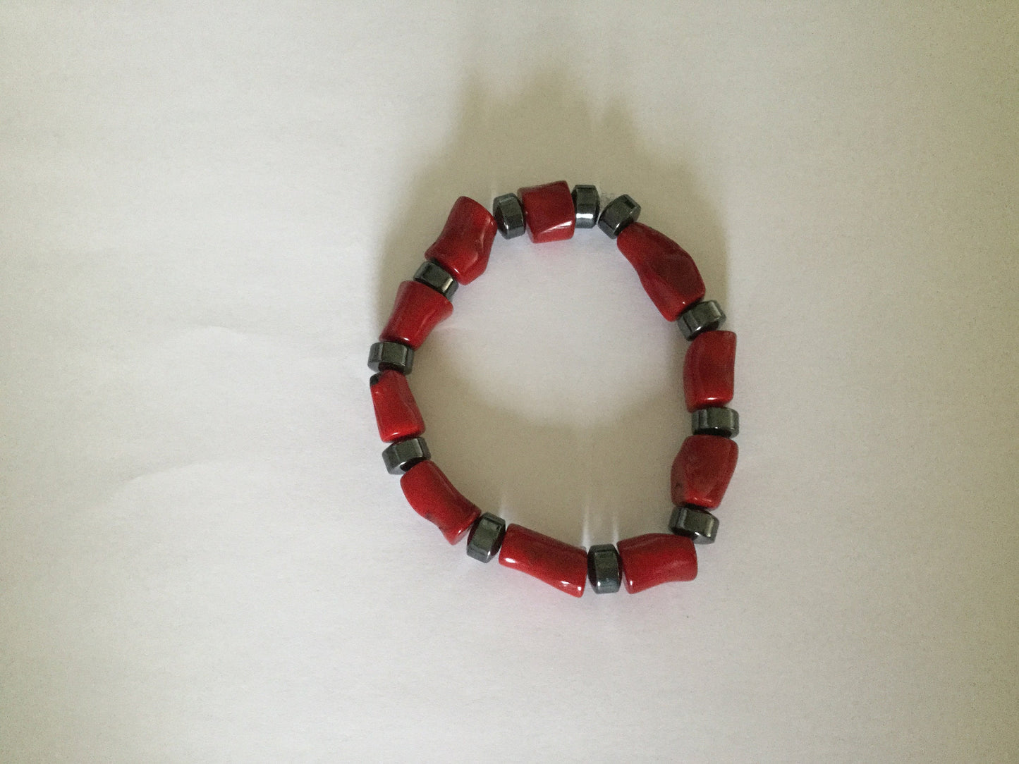 Red Bamboo Coral w/Hematite, Healing Bracelet.