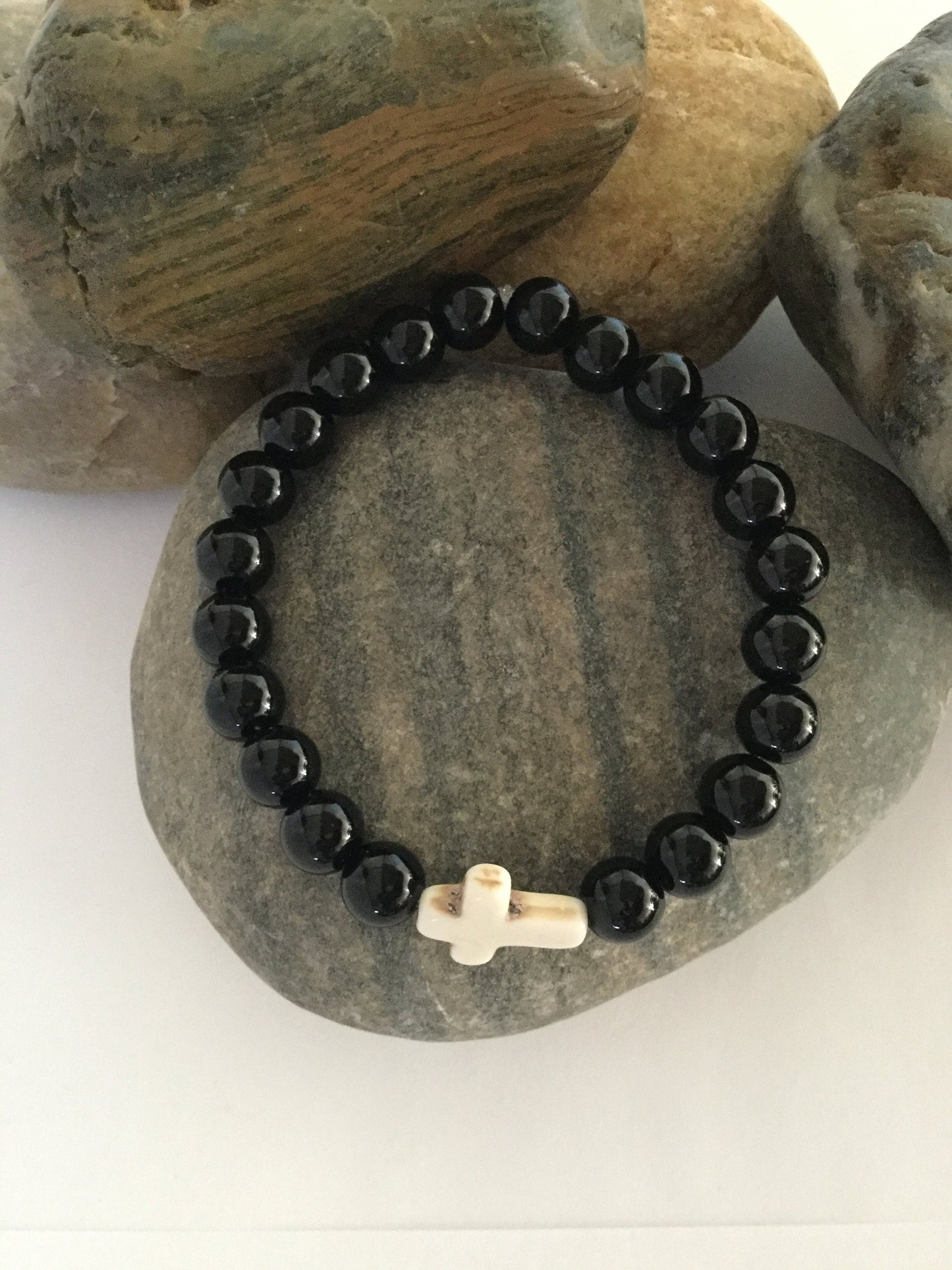 Jasper Black w/Reconstituted White Cross Stone, Healing Bracelet.