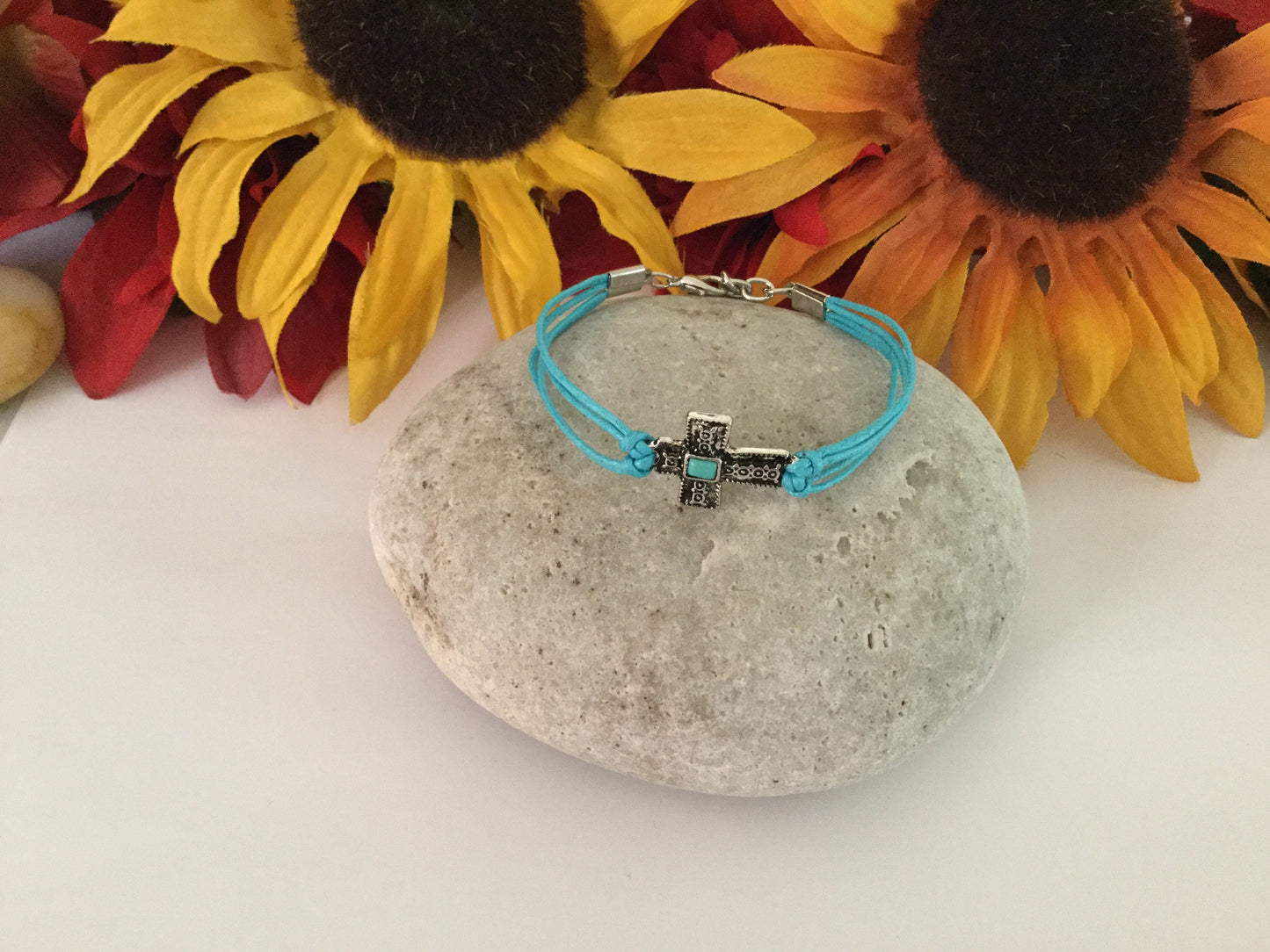 Cross, Turquoise Hemp w/Turq Stone, Silver Metal Inspirational Bracelet.