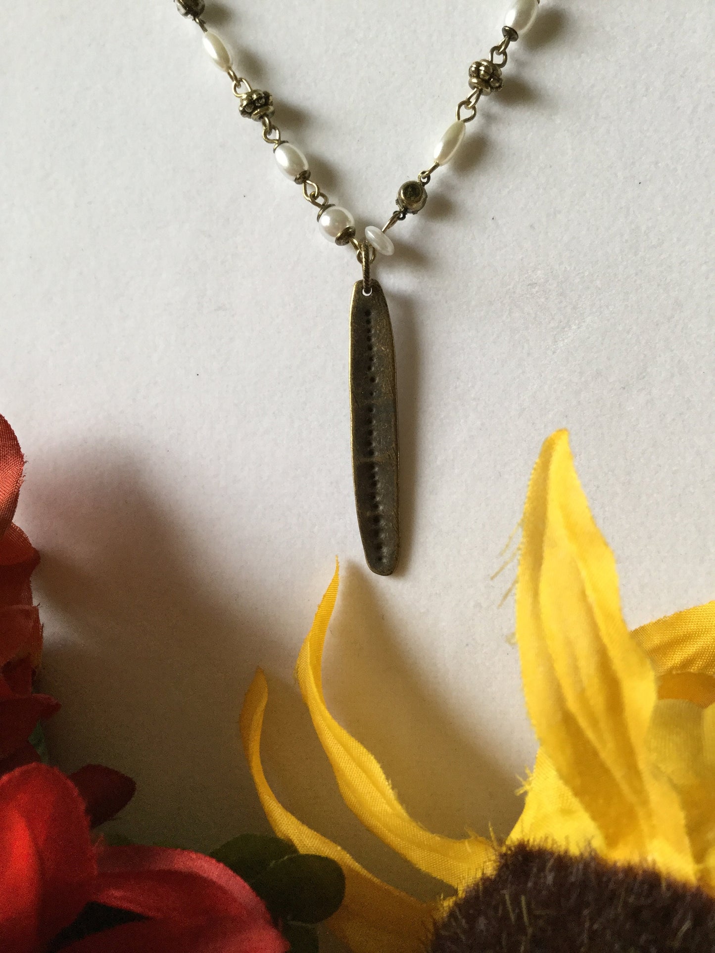 Leaf w/Clear Stones & White Beads, Antique Metal Necklace.