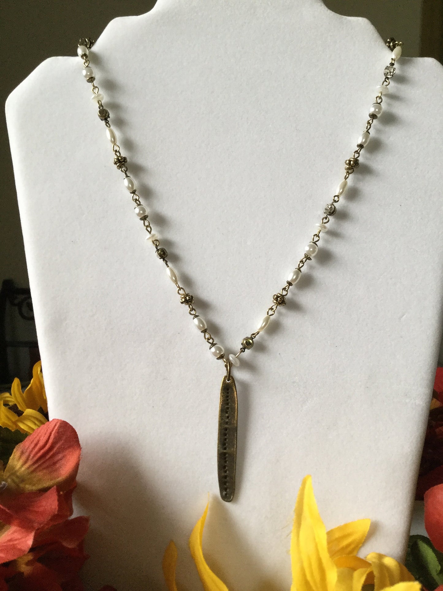 Leaf w/Clear Stones & White Beads, Antique Metal Necklace.