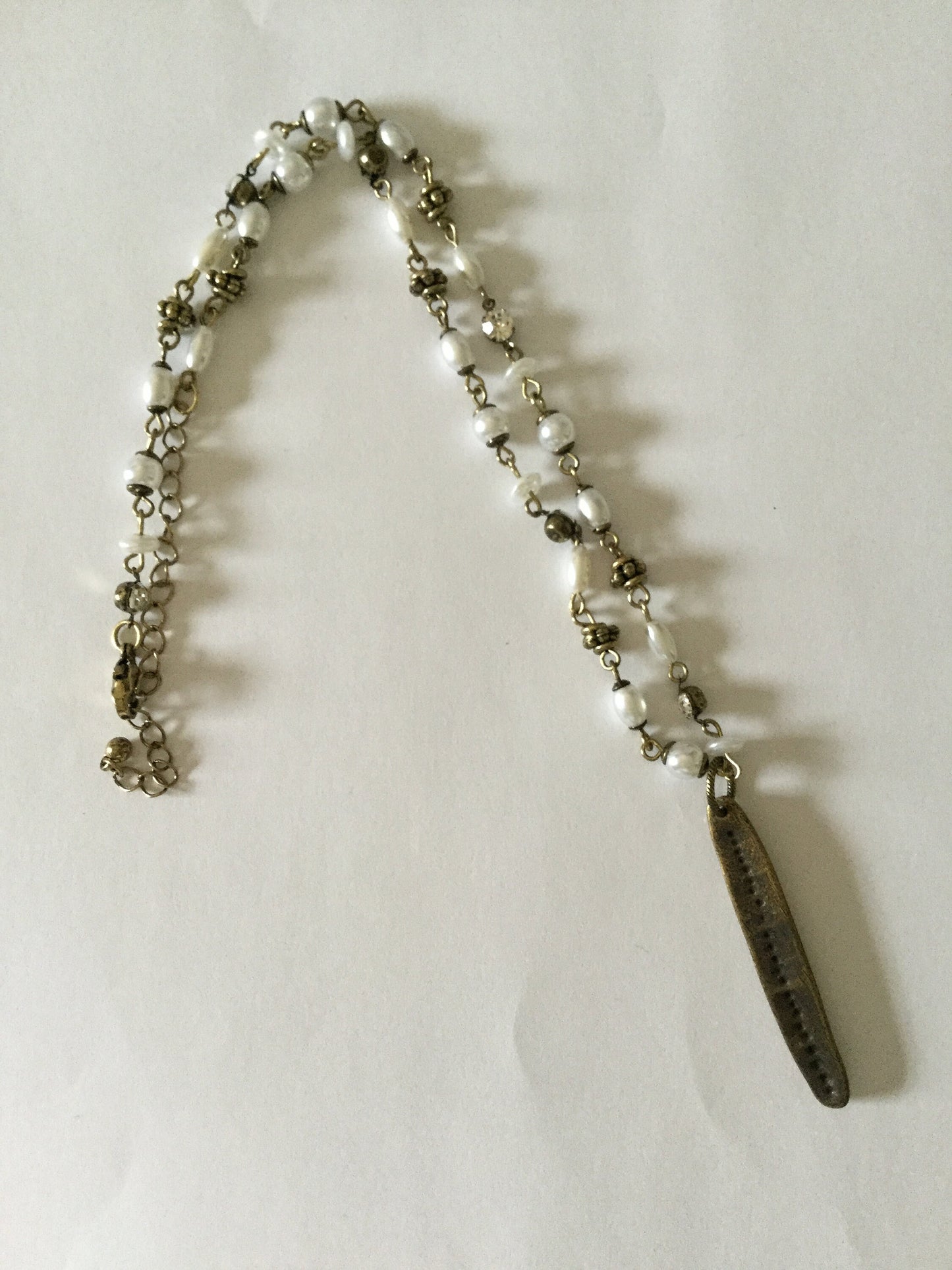 Leaf w/Clear Stones & White Beads, Antique Metal Necklace.