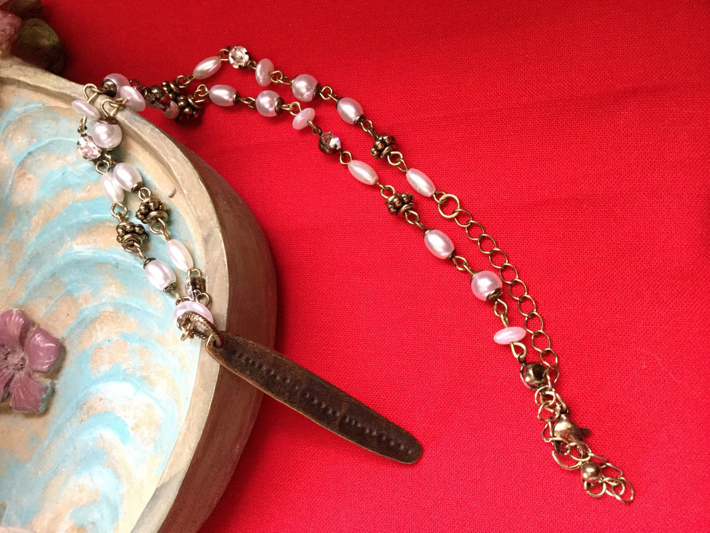 Leaf w/Clear Stones & White Beads, Antique Metal Necklace.