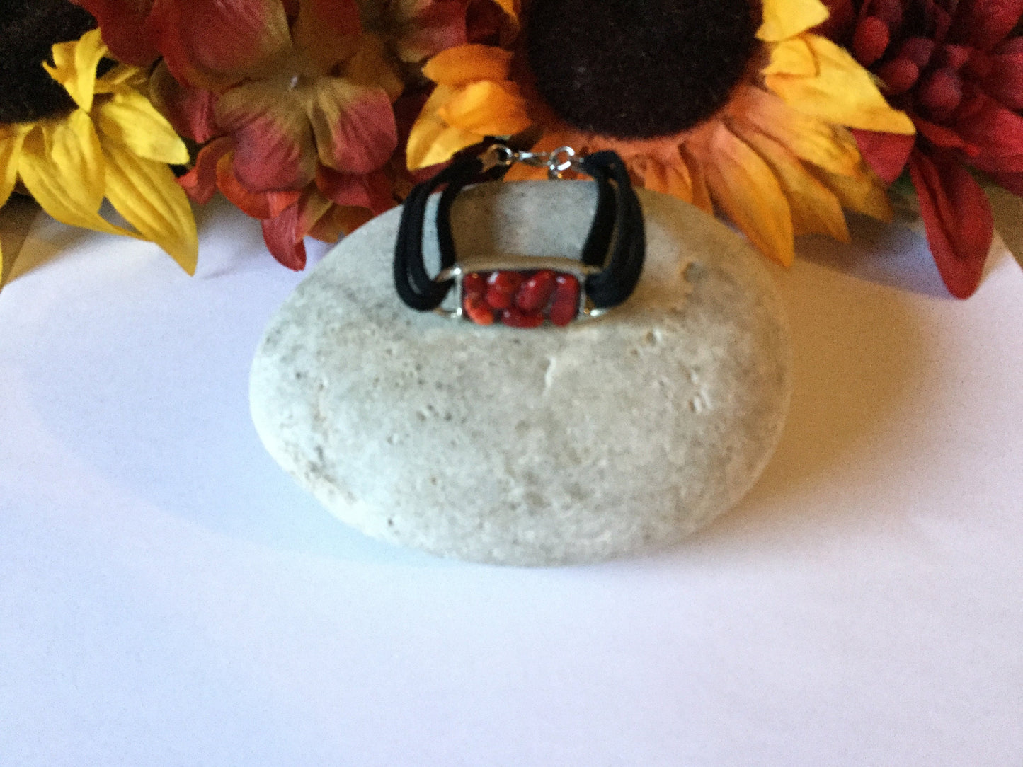 Red Bamboo Coral, Antique Silver Plated,Black Suede Inspirational Bracelet.