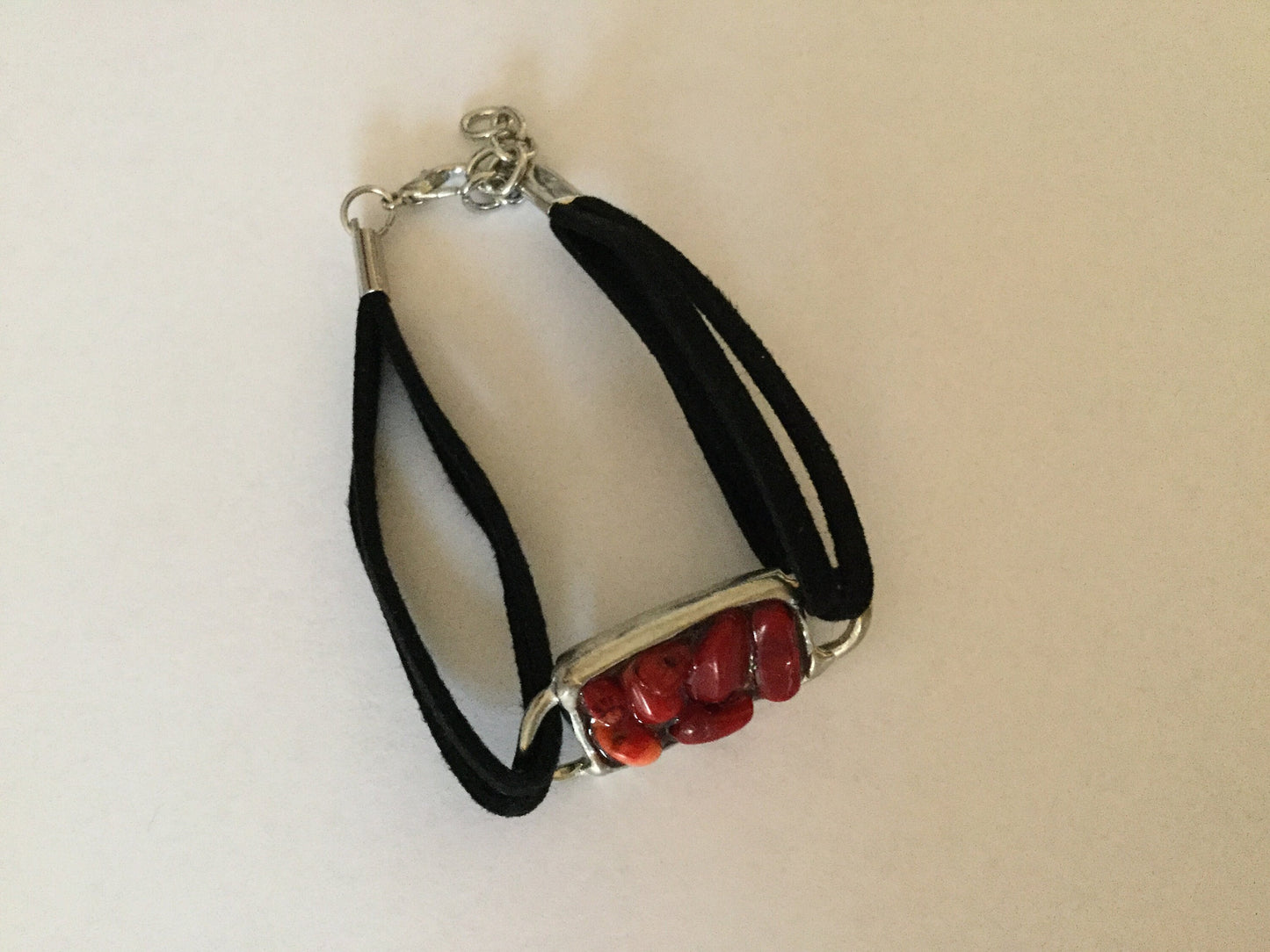 Red Bamboo Coral, Antique Silver Plated,Black Suede Inspirational Bracelet.