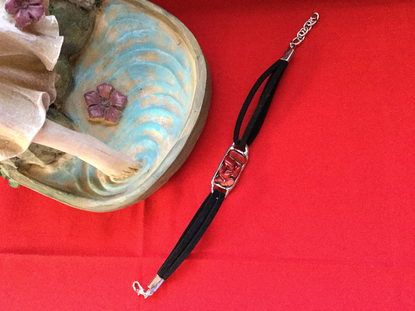 Red Bamboo Coral, Antique Silver Plated,Black Suede Inspirational Bracelet.